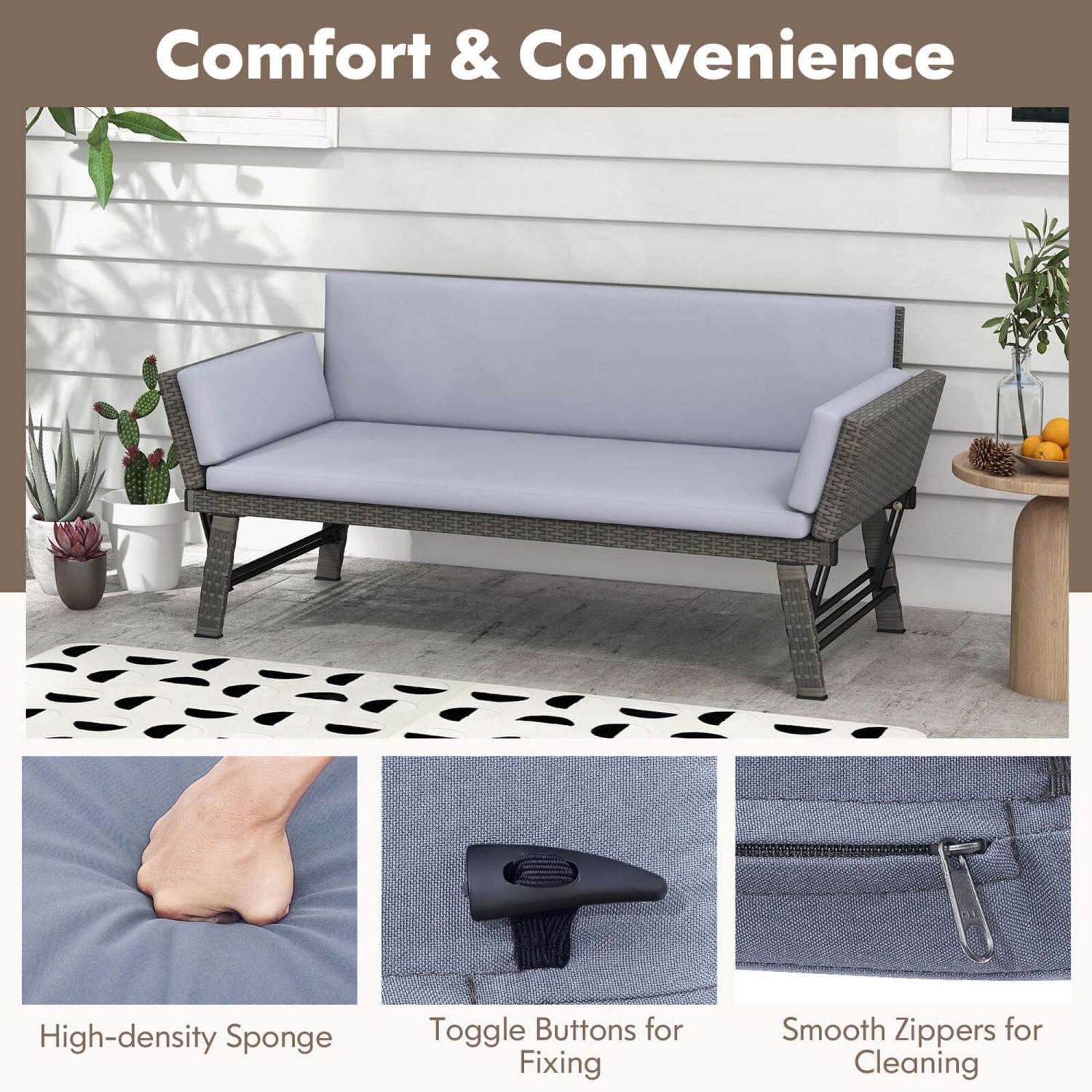 Costway Outdoor Convertible Sofa Daybed with Adjustable Armrests Removable Cushions