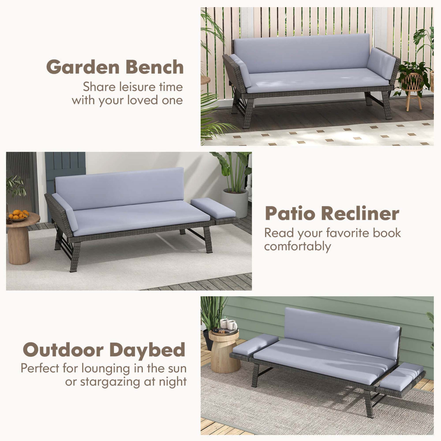Costway Outdoor Convertible Sofa Daybed with Adjustable Armrests Removable Cushions