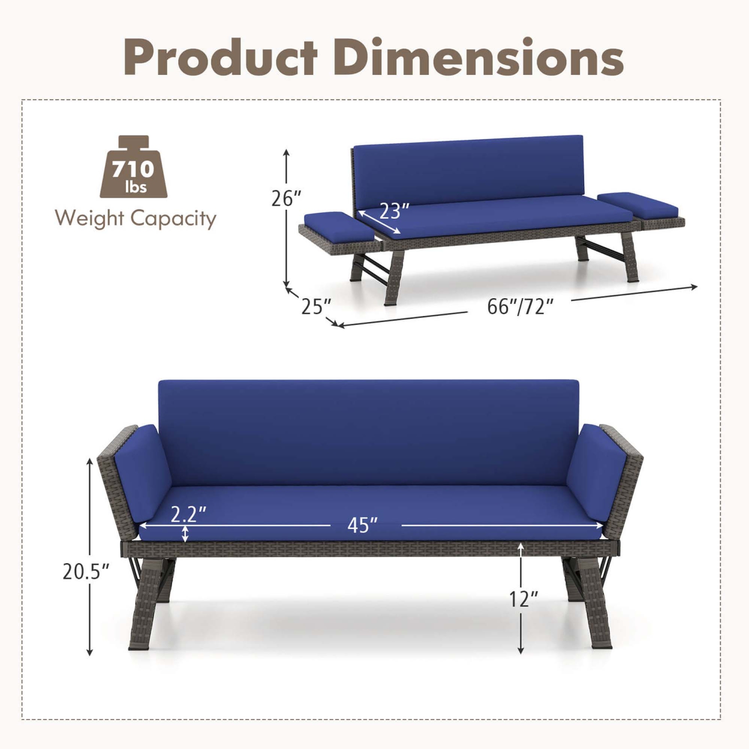 Costway Outdoor Convertible Sofa Daybed with Adjustable Armrests Removable Cushions