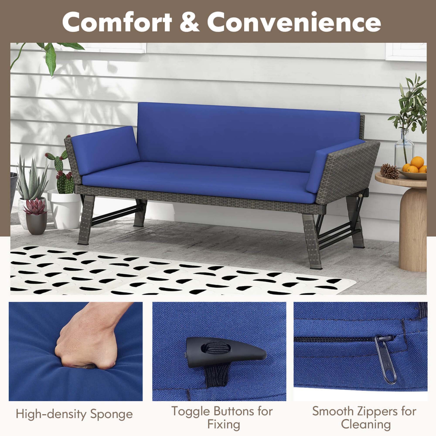 Costway Outdoor Convertible Sofa Daybed with Adjustable Armrests Removable Cushions
