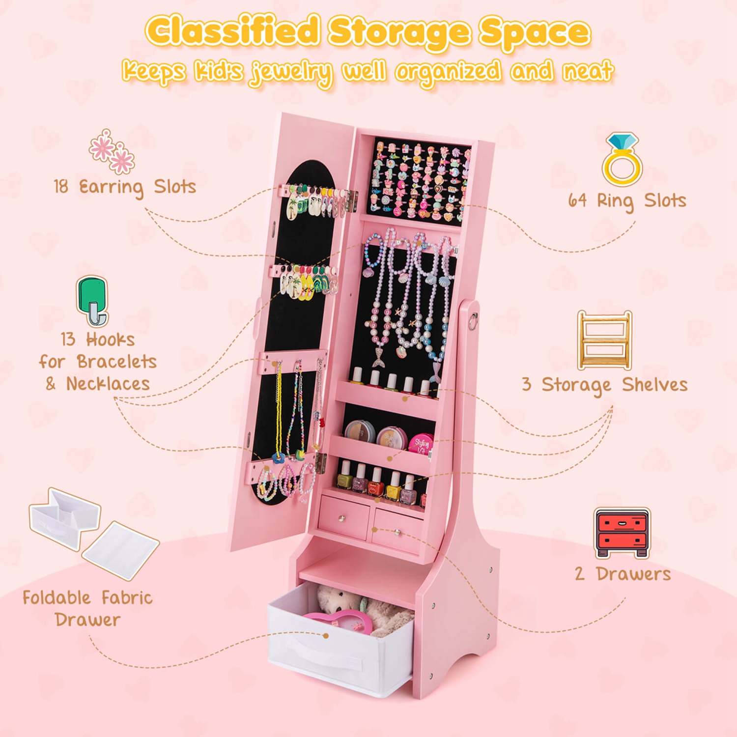 Armoire à bijoux pour enfants avec tiroir à miroir pleine longueur à 2 angles d'inclinaison ajustables de Costway