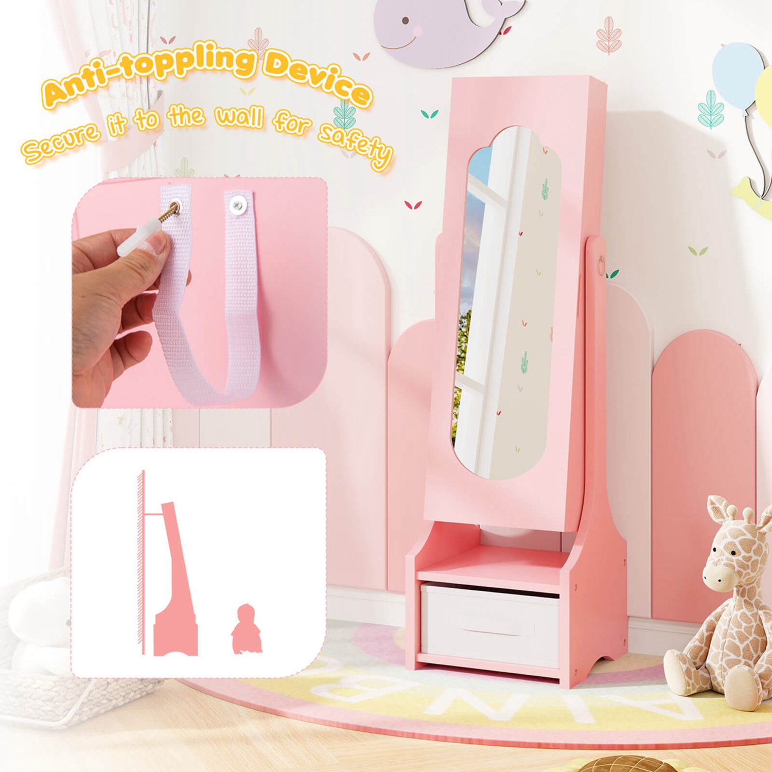 Armoire à bijoux pour enfants avec tiroir à miroir pleine longueur à 2 angles d'inclinaison ajustables de Costway