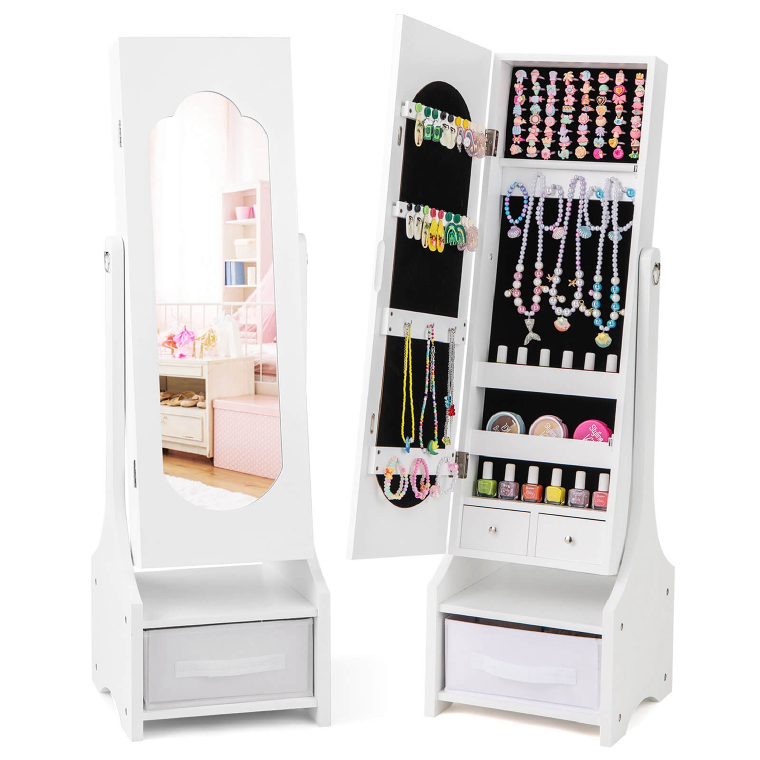 Armoire à bijoux pour enfants avec tiroir à miroir pleine longueur à 2 angles d'inclinaison ajustables de Costway