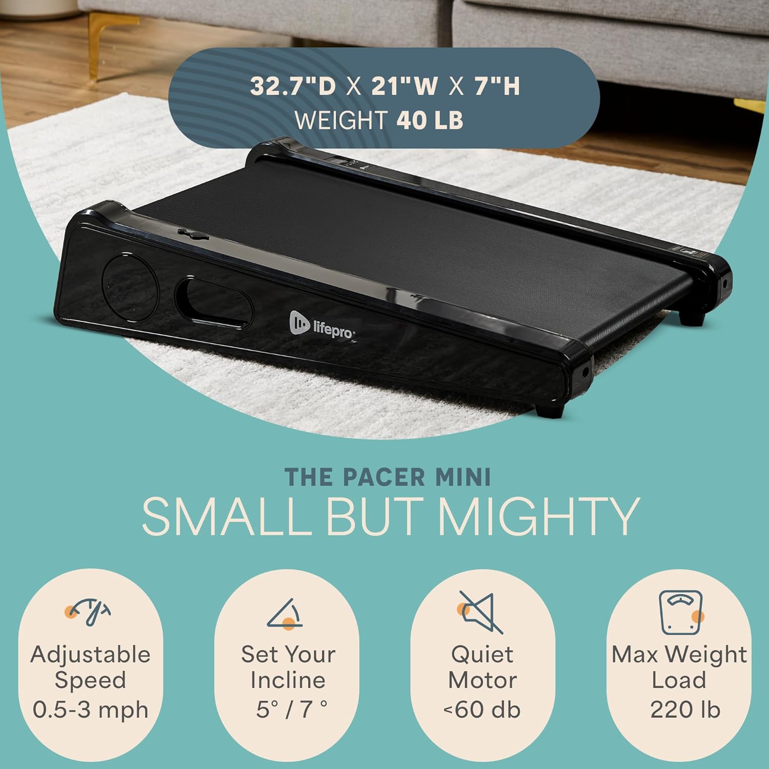 Lifepro Compact 30in Portable Walking Pad Treadmill – Adjustable Incline, Max Load 220lbs, 3MPH