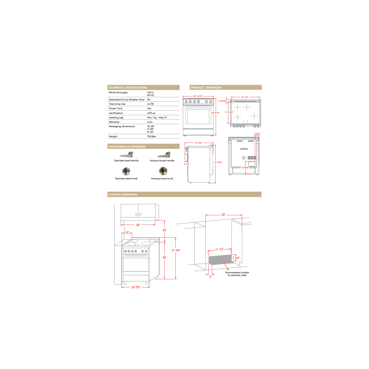 Forno Leonardo Espresso 30-Inch Induction Range with Convection Fan and Antique Brass Kit - White