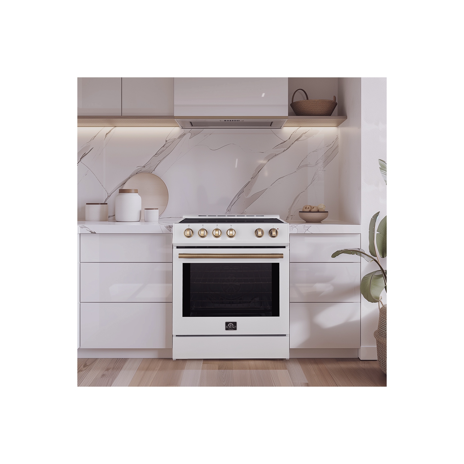 Forno Leonardo Espresso 30-Inch Induction Range with Convection Fan and Antique Brass Kit - White