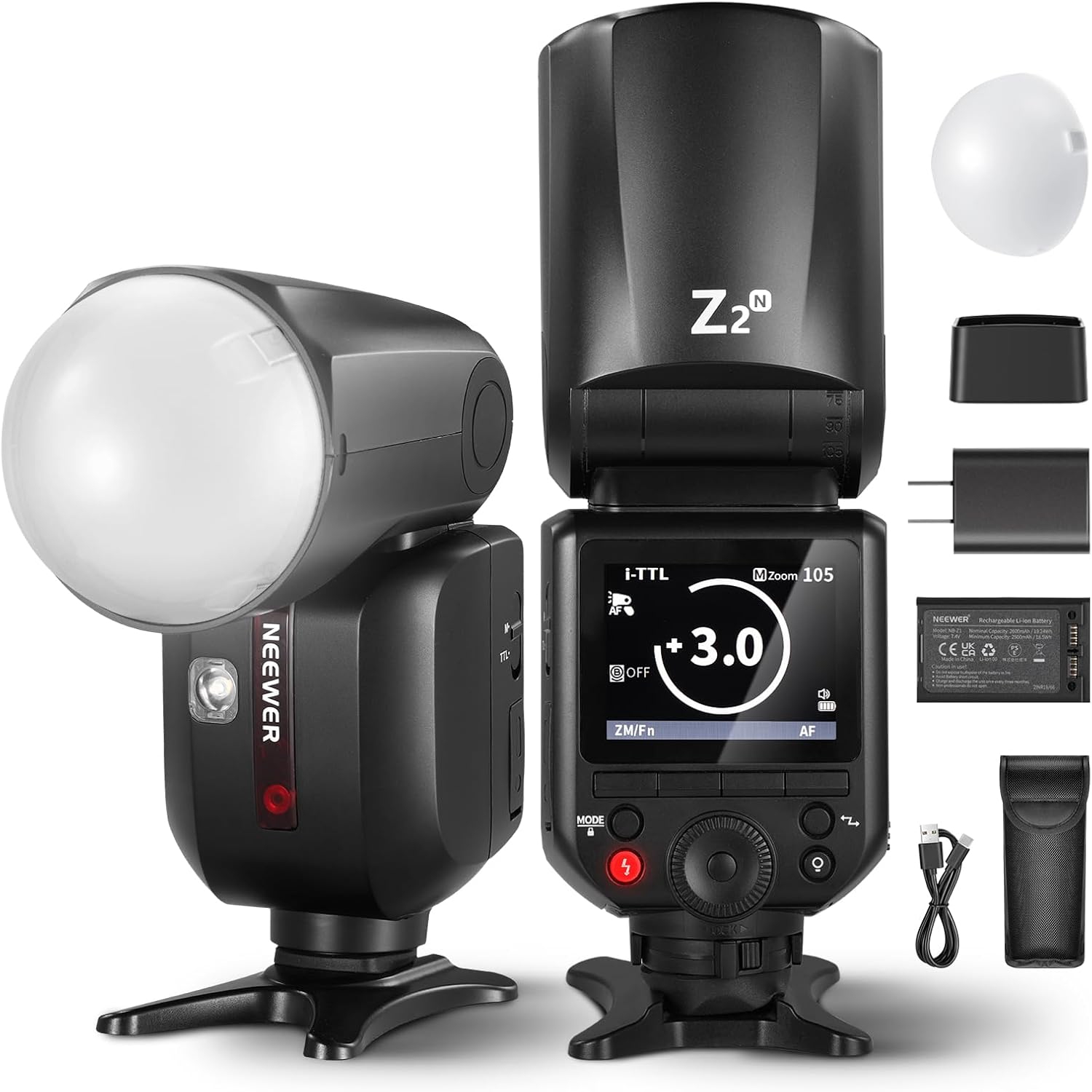 Open Box - NEEWER Z2-N 2.4G TTL Round Head Flash Speedlite for Nikon, 76Ws Speedlight with Dome Diffuser