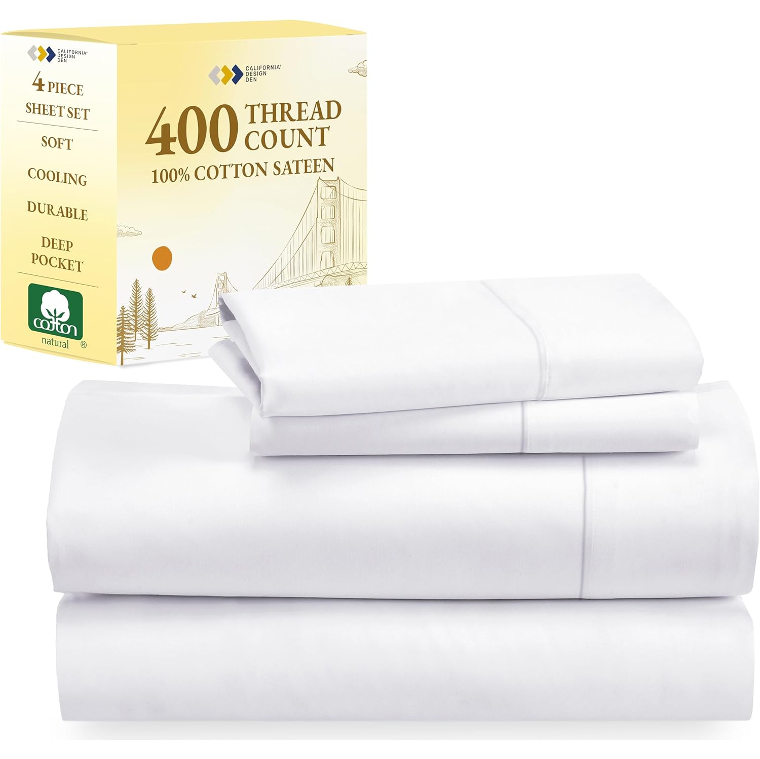 California Design Den 100% Cotton Sheets Queen Size Bed Set, 400 Thread Count Sateen, Deep Pocket, Extra Soft 4-Pc Bed Sheets, Wrinkle Resistant,