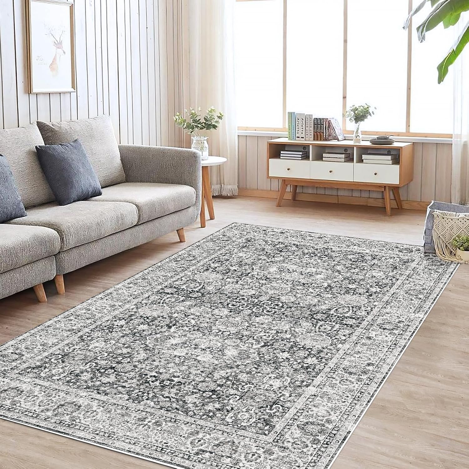 CoolHut Large Area Rug for Living Room – Distressed Floral Boho Oriental Design, Non-Slip Low Pile Machine Washable Area Rug for Bedroom Dining Rooms