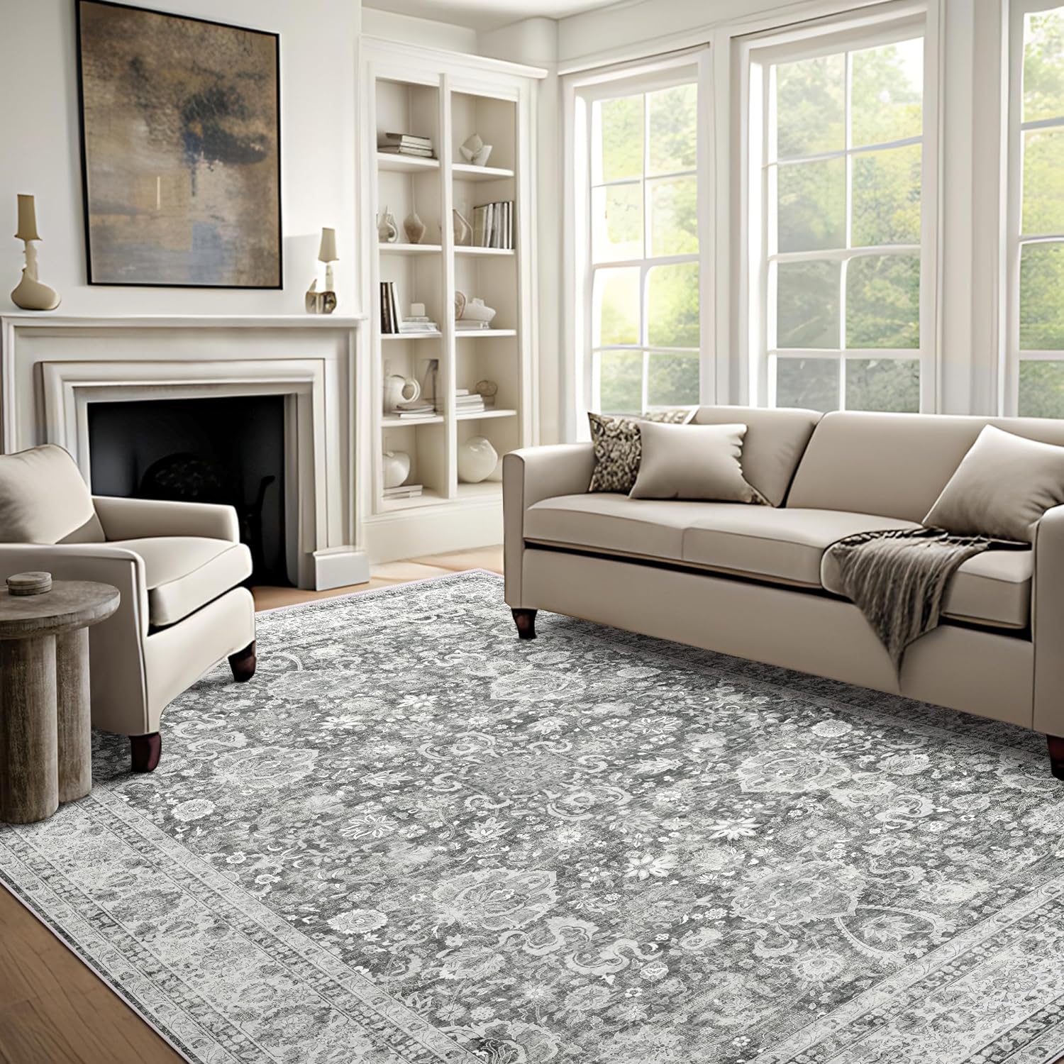 Tapis d'appoint CoolHut pour salon – motif boho Oriental floral vieilli, tapis d'appoint à poil ras lavable à la machine pour chambre à coucher