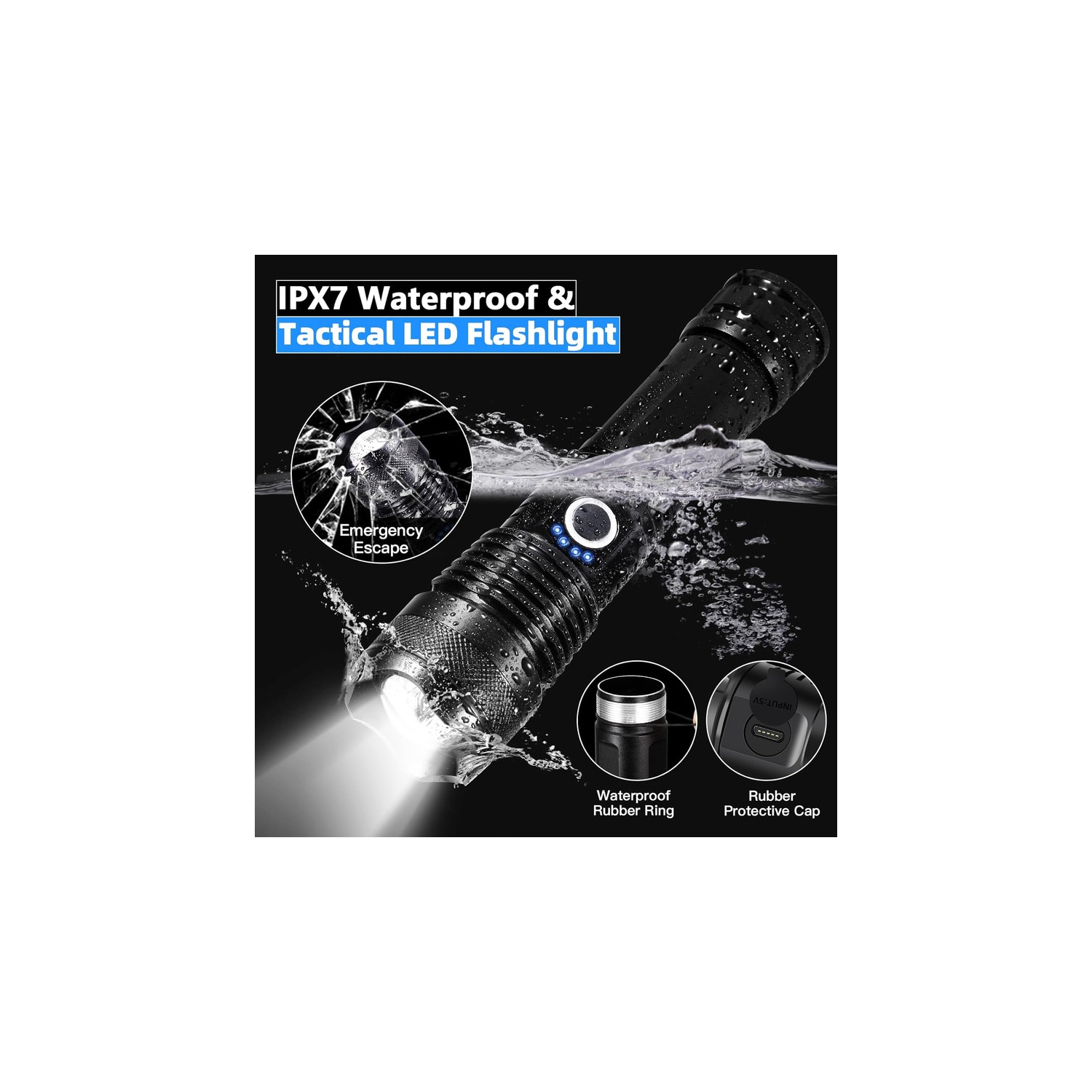 YOULIGHTS Rechargeable Tactical Flashlight, 5 Modes Zoomable LED Flashlight with Type-C and IPX7 Waterproof, Powerful Flash Light for Camping,