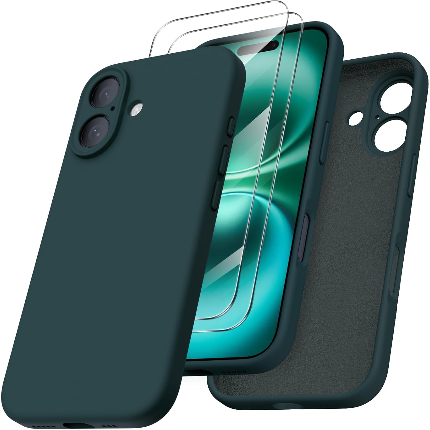 ORNARTO compatible avec l'étui iPhone 16 avec 2 protecteurs d'écran, étui en caoutchouc de gel de silicone liquide antichoc, étui de protection