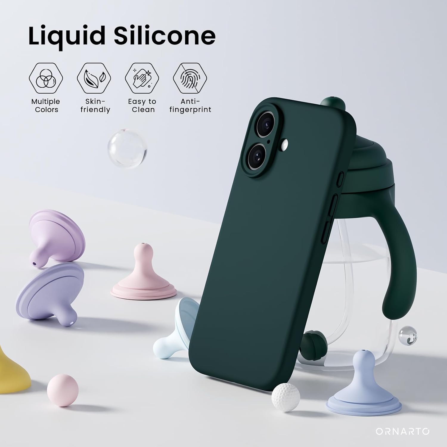 ORNARTO compatible avec l'étui iPhone 16 avec 2 protecteurs d'écran, étui en caoutchouc de gel de silicone liquide antichoc, étui de protection