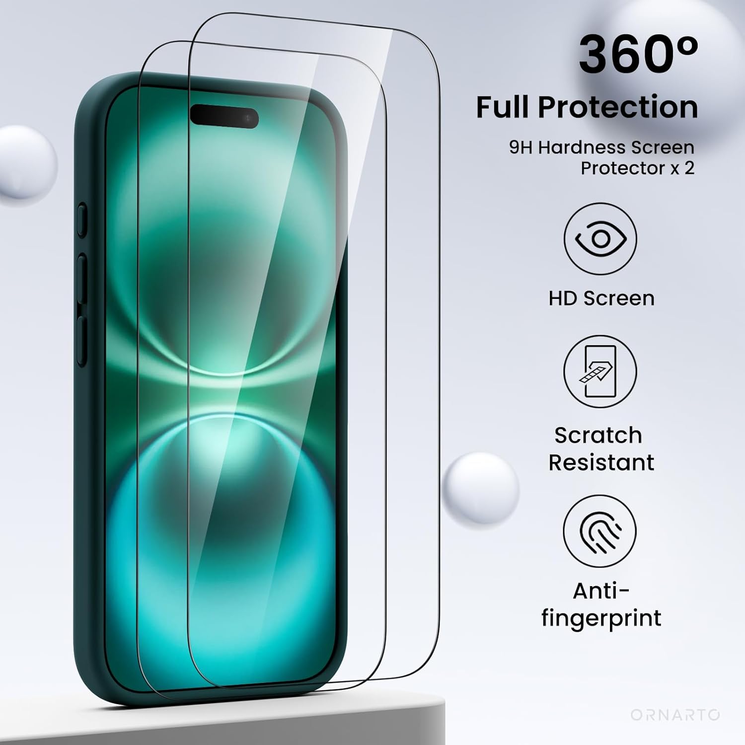 ORNARTO compatible avec l'étui iPhone 16 avec 2 protecteurs d'écran, étui en caoutchouc de gel de silicone liquide antichoc, étui de protection