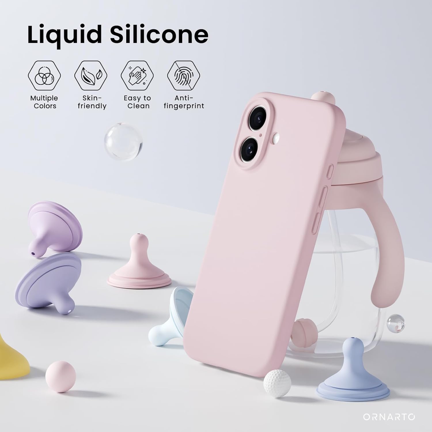ORNARTO compatible avec l'étui iPhone 16 avec 2 protecteurs d'écran, étui en caoutchouc de silicone liquide antichoc, étui de protection contre les