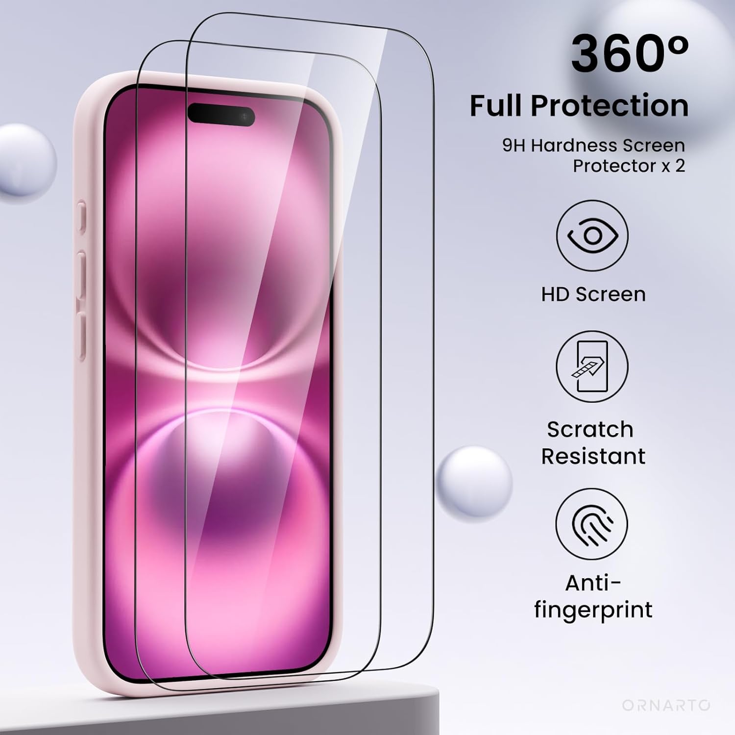 ORNARTO compatible avec l'étui iPhone 16 avec 2 protecteurs d'écran, étui en caoutchouc de silicone liquide antichoc, étui de protection contre les