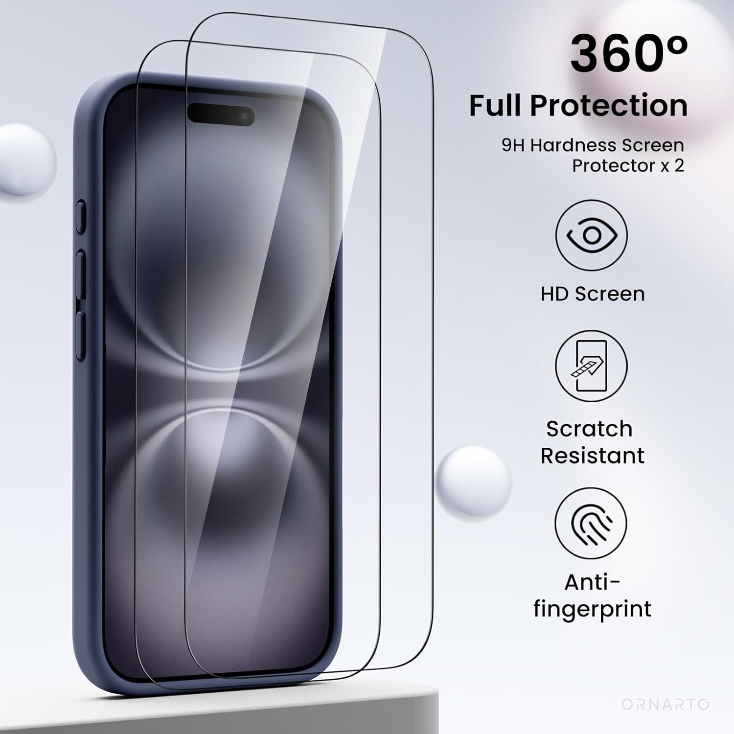 ORNARTO Compatible with iPhone 16 Case with 2 x Screen Protector,Shockproof Liquid Silicone Gel Rubber Cover,Drop Protection Phone Case for iPhone 16