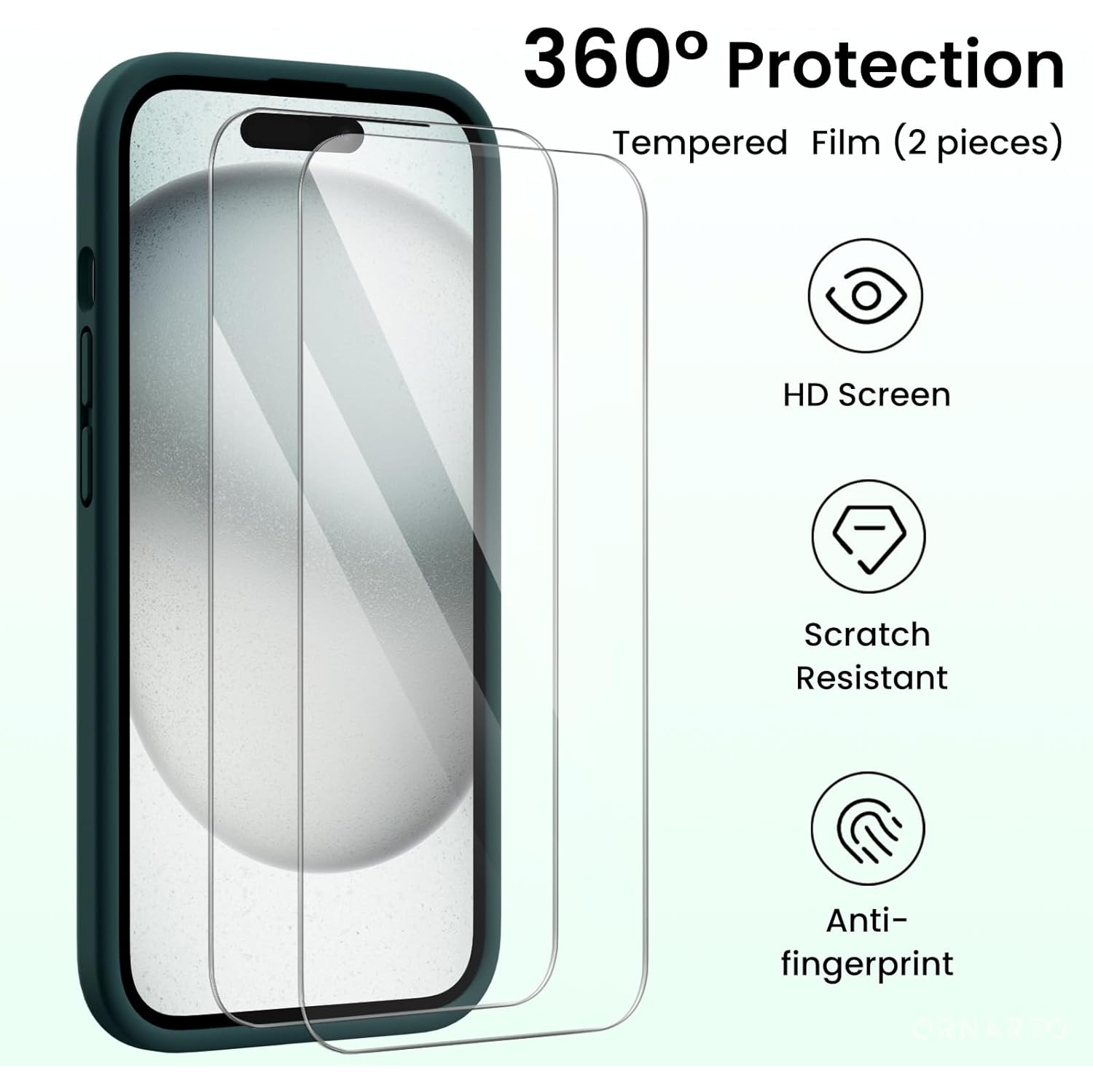 ORNARTO Designed for iPhone 15 Case with 2X Screen Protector, Liquid Silicone Gel Rubber Cover [Upgraded Camera Protection], Shockproof Protective