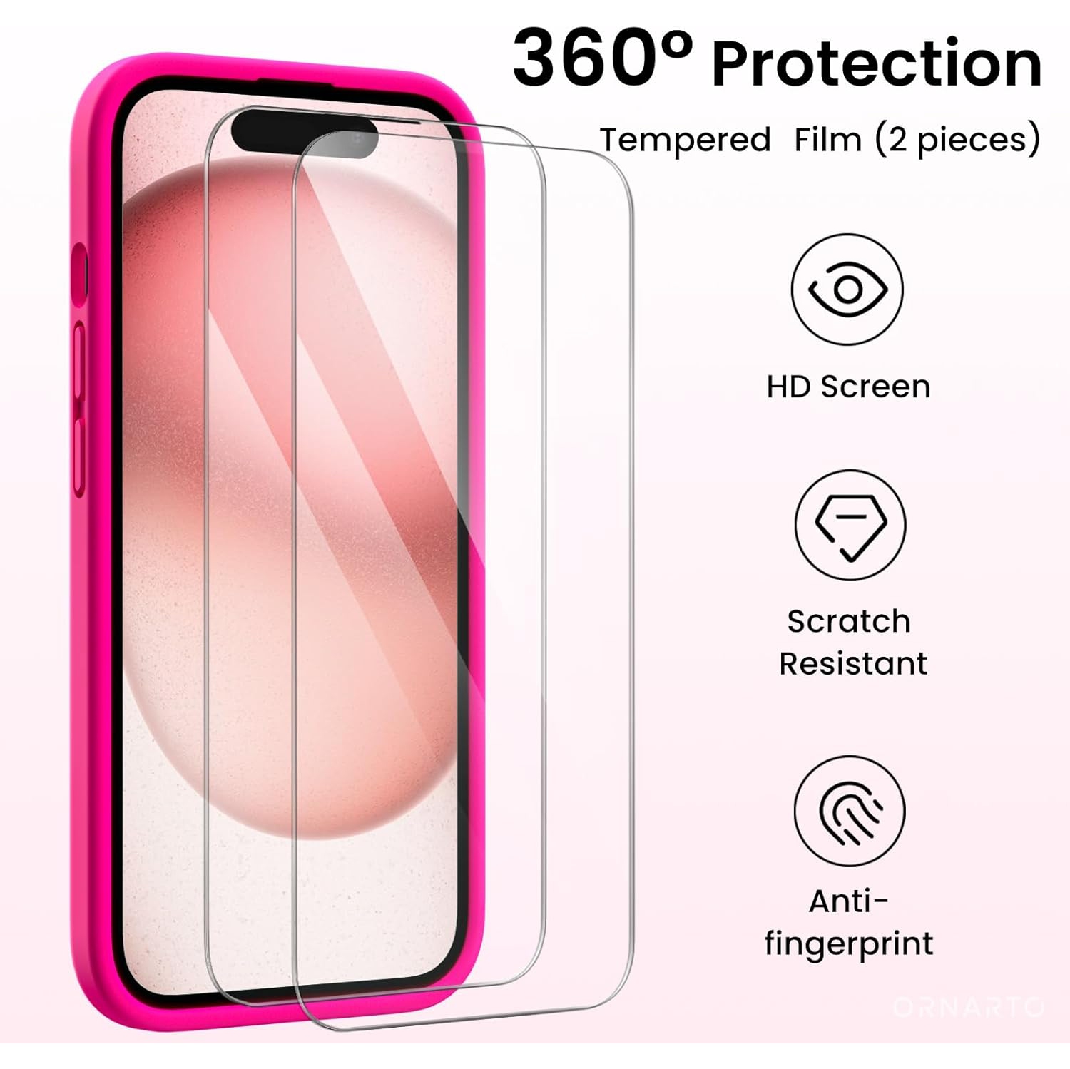 ORNARTO Designed for iPhone 15 Case with 2X Screen Protector, Liquid Silicone Gel Rubber Cover [Upgraded Camera Protection], Shockproof Protective
