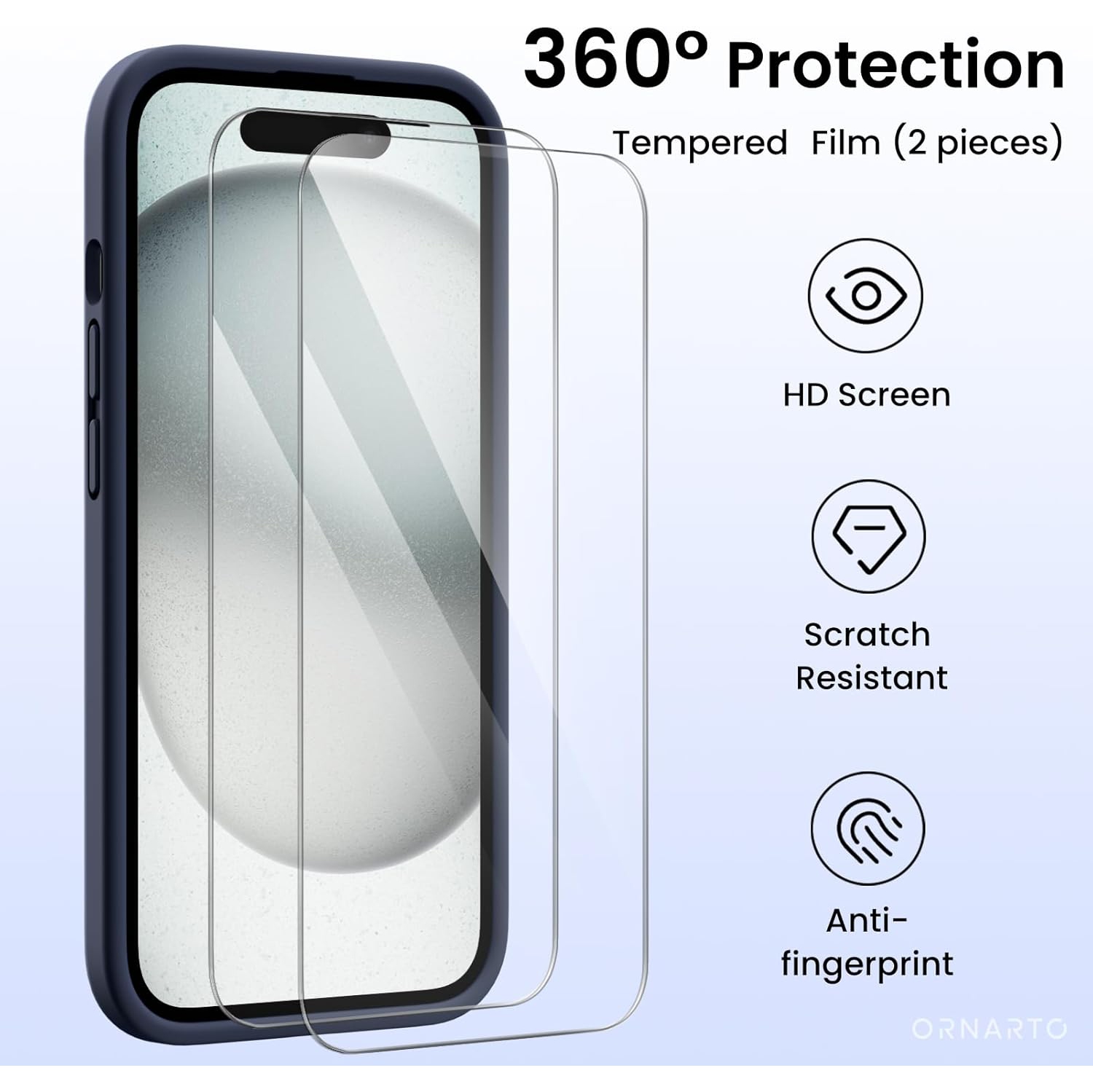 ORNARTO Designed for iPhone 15 Case with 2X Screen Protector, Liquid Silicone Gel Rubber Cover [Upgraded Camera Protection], Shockproof Protective