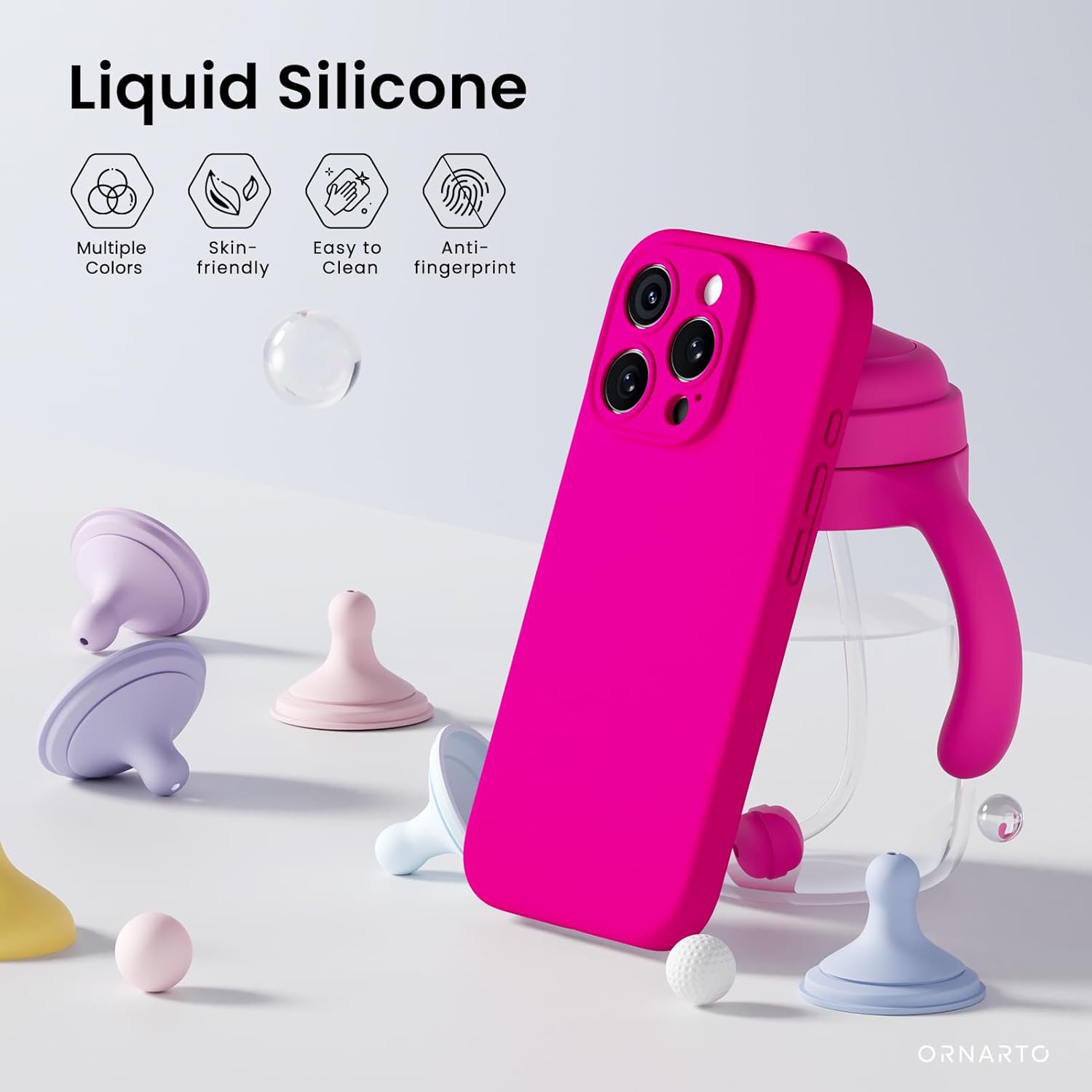 ORNARTO – compatible avec l’étui iPhone 16 Pro avec 2 protecteurs d’écran, étui en caoutchouc de silicone liquide antichoc, étui de protection contre