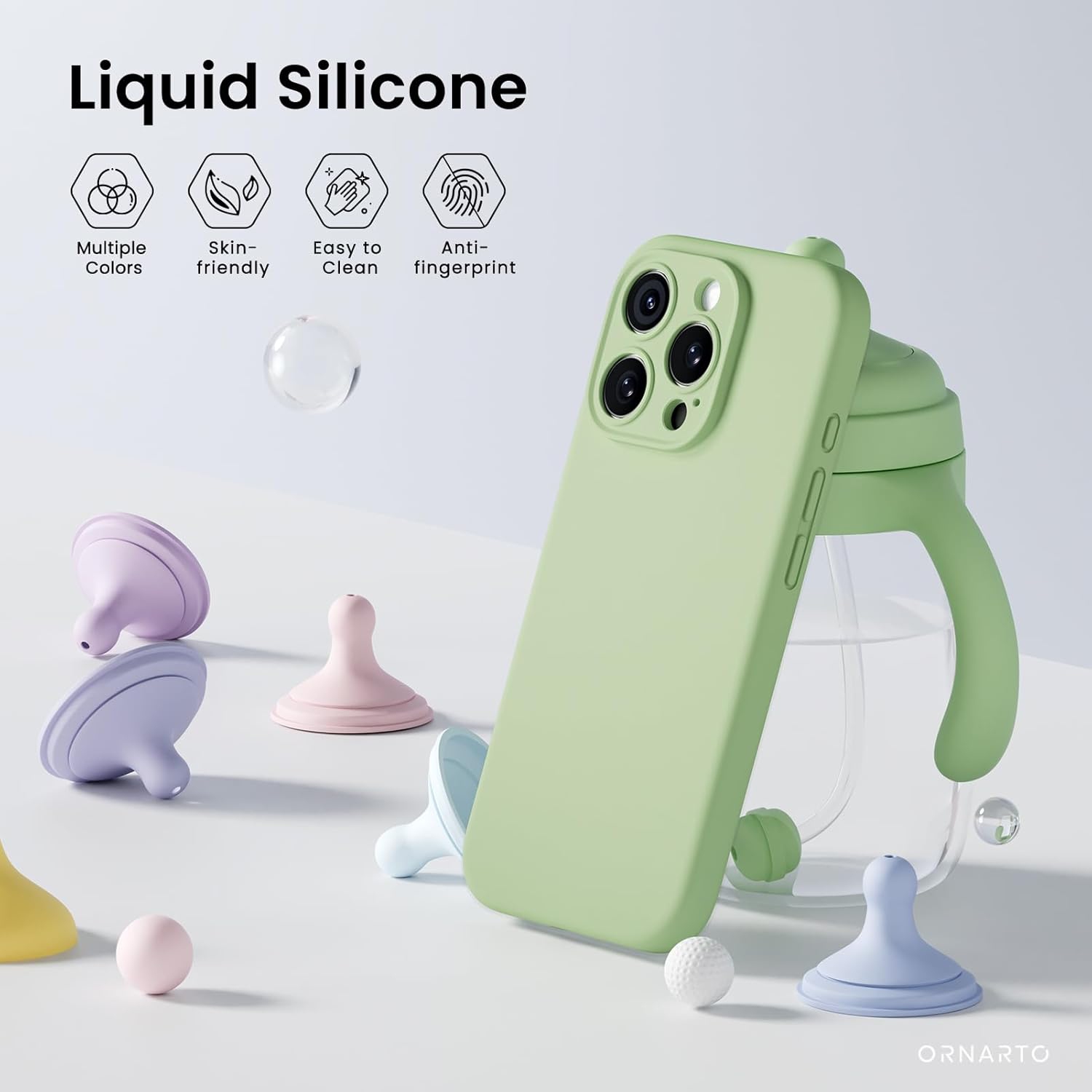 ORNARTO compatible avec l'étui iPhone 16 Pro avec 2 protecteurs d'écran, étui en caoutchouc de gel de silicone liquide antichoc, étui de téléphone de