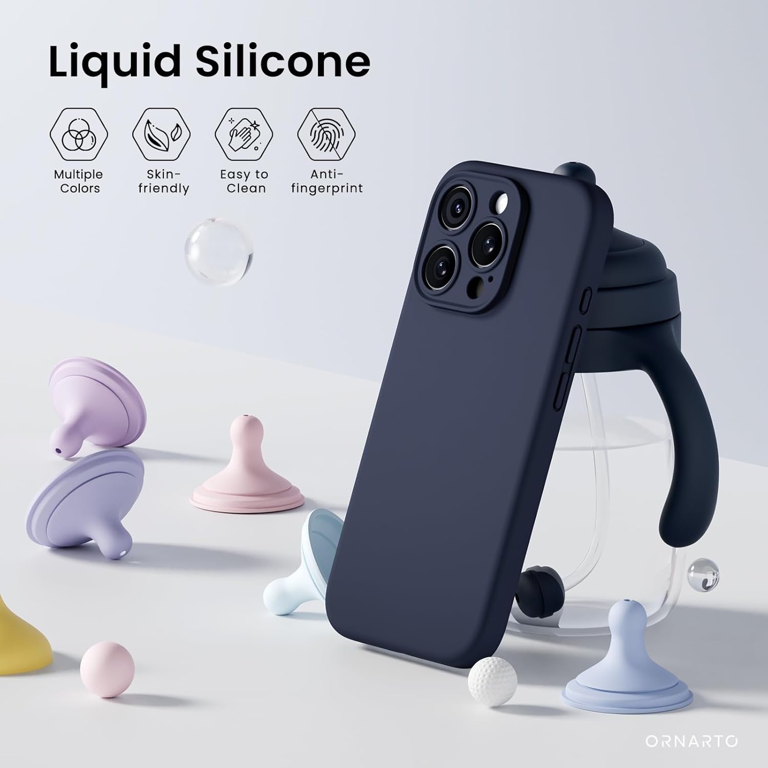 ORNARTO – compatible avec l’étui iPhone 16 Pro avec 2 protecteurs d’écran, étui en caoutchouc de silicone liquide antichoc, étui de protection contre