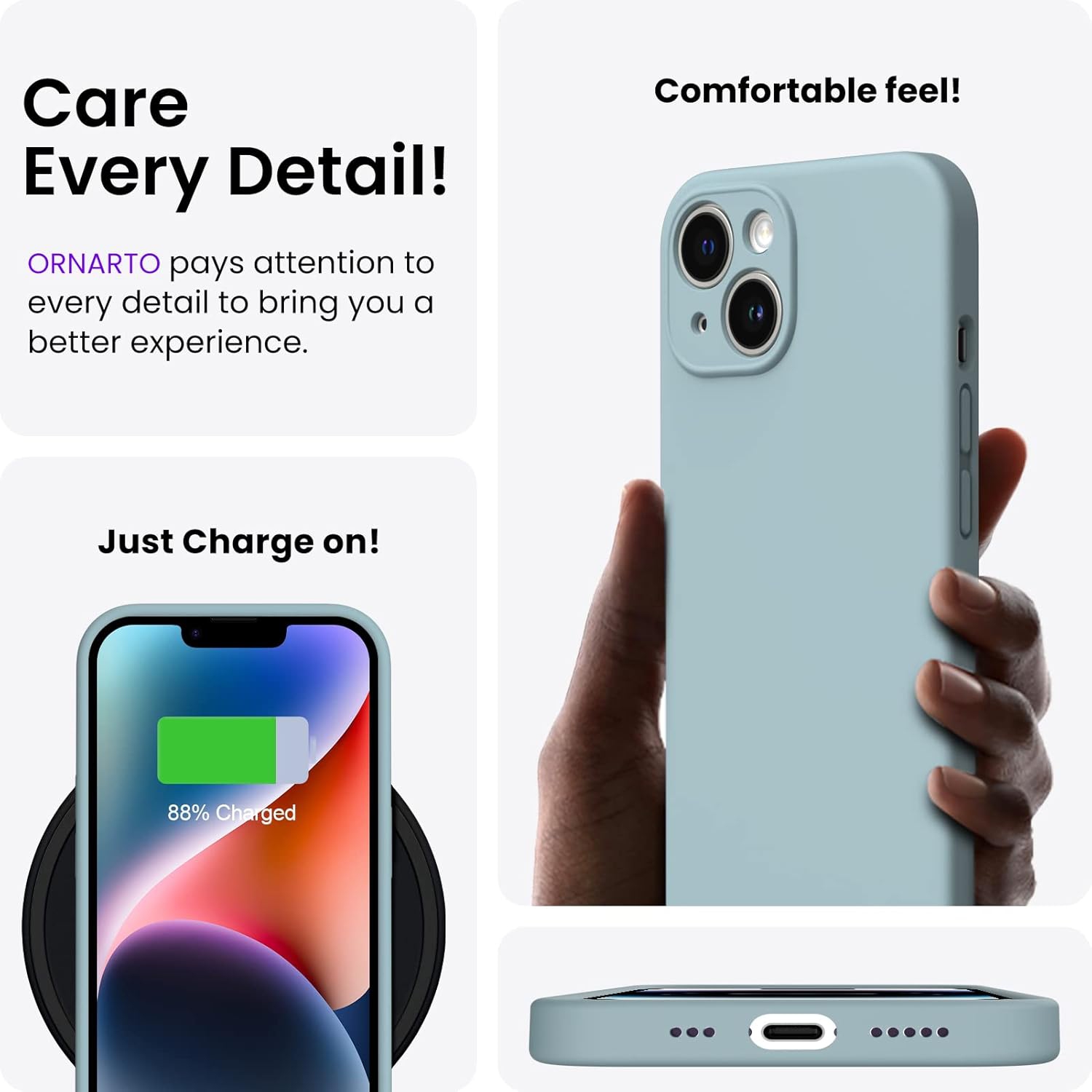 ORNARTO Compatible with iPhone 14 Case, with 2 x Screen Protector Liquid Silicone Gel Rubber Cover [Full Body] Shockproof Protective Phone