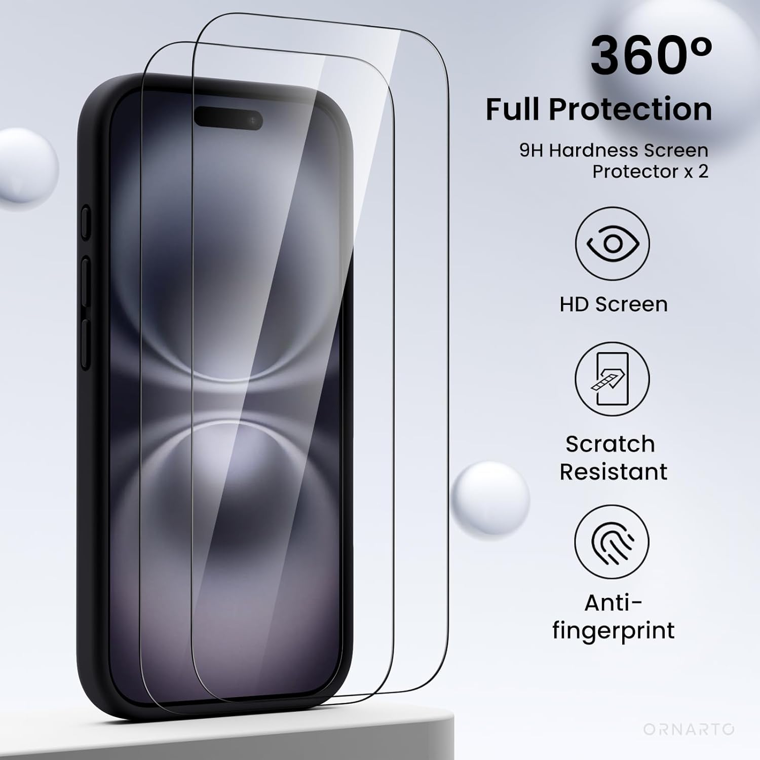 ORNARTO Compatible with iPhone 16 Case with 2 x Screen Protector,Shockproof Liquid Silicone Gel Rubber Cover,Drop Protection Phone Case for iPhone 16