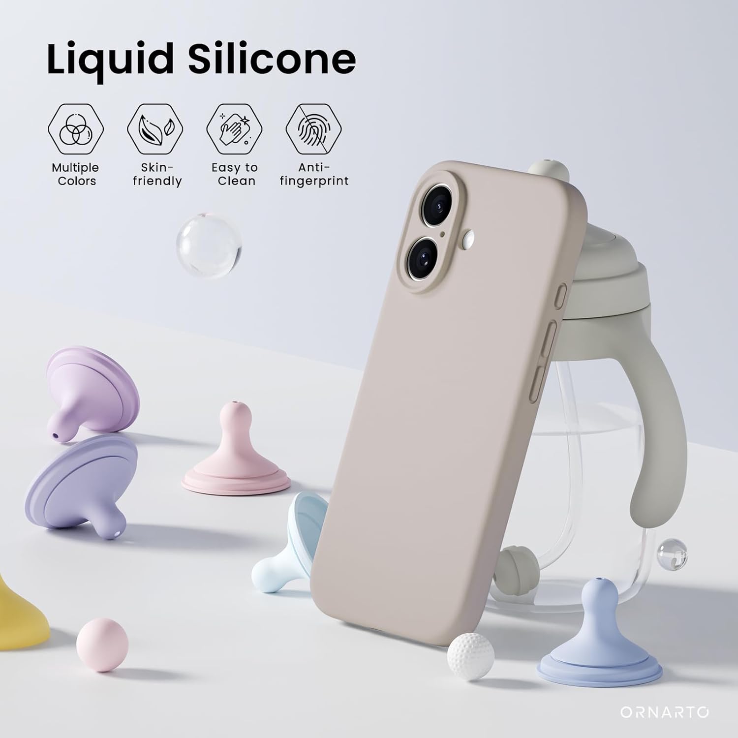 ORNARTO compatible avec l'étui iPhone 16 avec 2 protecteurs d'écran, étui en caoutchouc de silicone liquide antichoc, étui de protection contre les