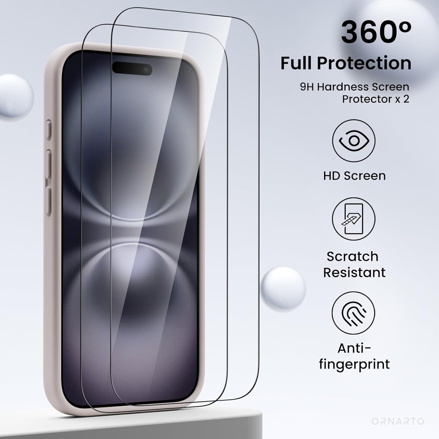 ORNARTO compatible avec l'étui iPhone 16 avec 2 protecteurs d'écran, étui en caoutchouc de silicone liquide antichoc, étui de protection contre les