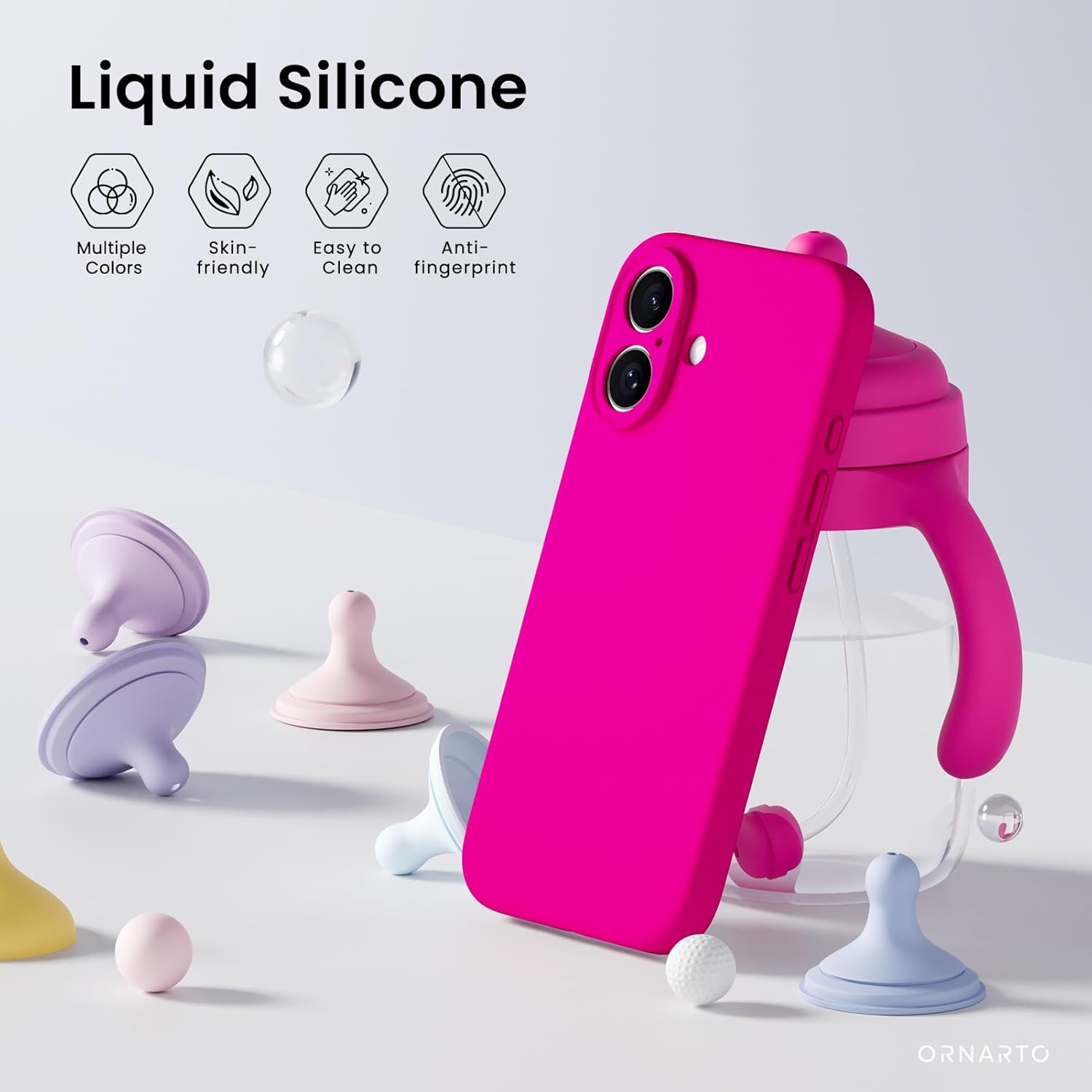 ORNARTO compatible avec l'étui iPhone 16 avec 2 protecteurs d'écran, étui en caoutchouc de silicone liquide antichoc, étui de protection contre les