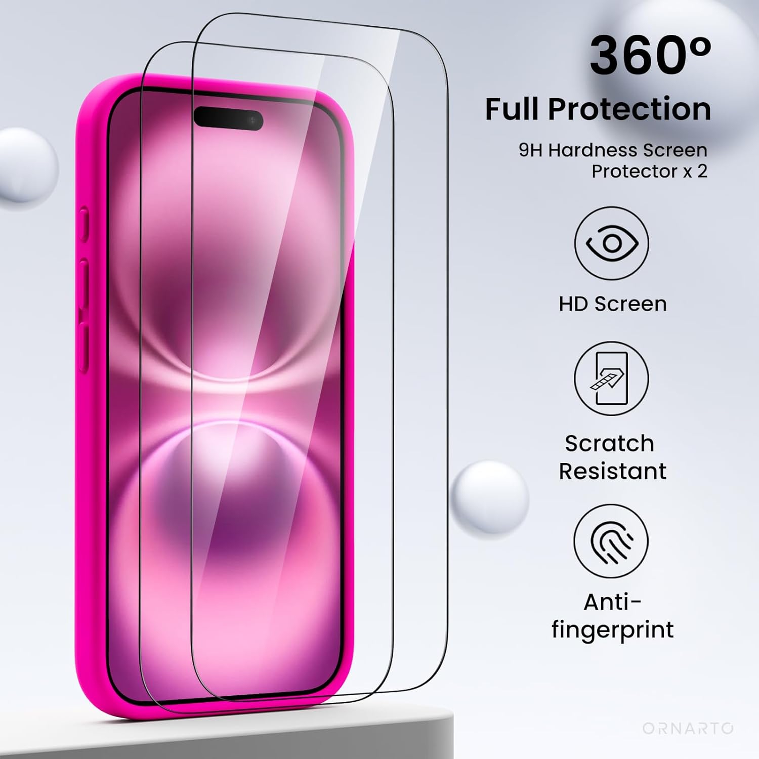 ORNARTO compatible avec l'étui iPhone 16 avec 2 protecteurs d'écran, étui en caoutchouc de silicone liquide antichoc, étui de protection contre les