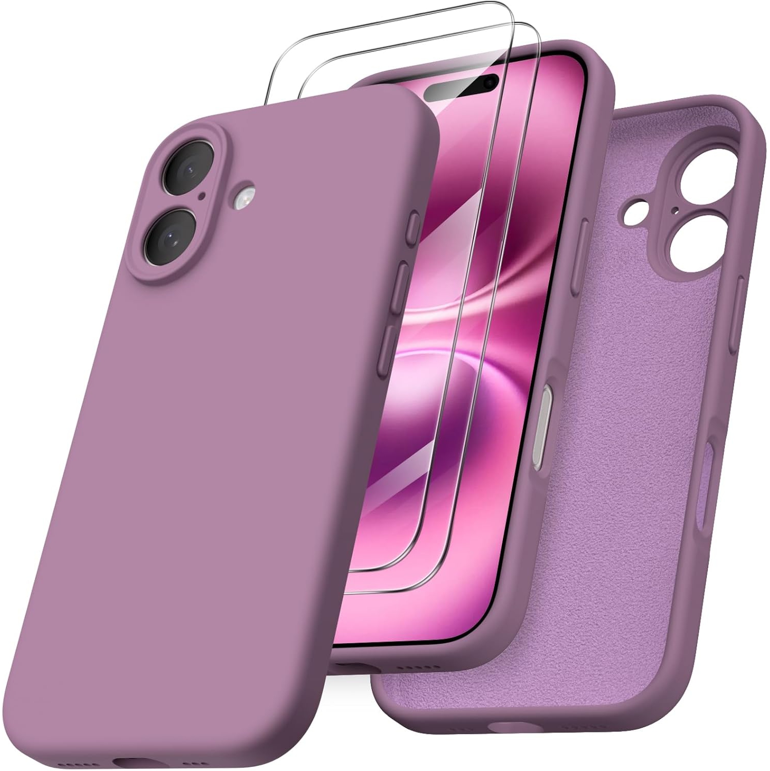 ORNARTO compatible avec l'étui iPhone 16 avec 2 protecteurs d'écran, étui en caoutchouc de silicone liquide antichoc, étui de protection contre les