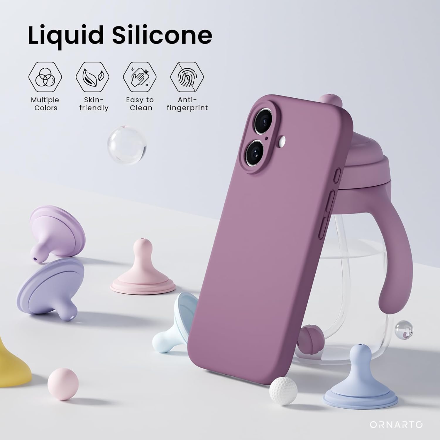 ORNARTO compatible avec l'étui iPhone 16 avec 2 protecteurs d'écran, étui en caoutchouc de silicone liquide antichoc, étui de protection contre les