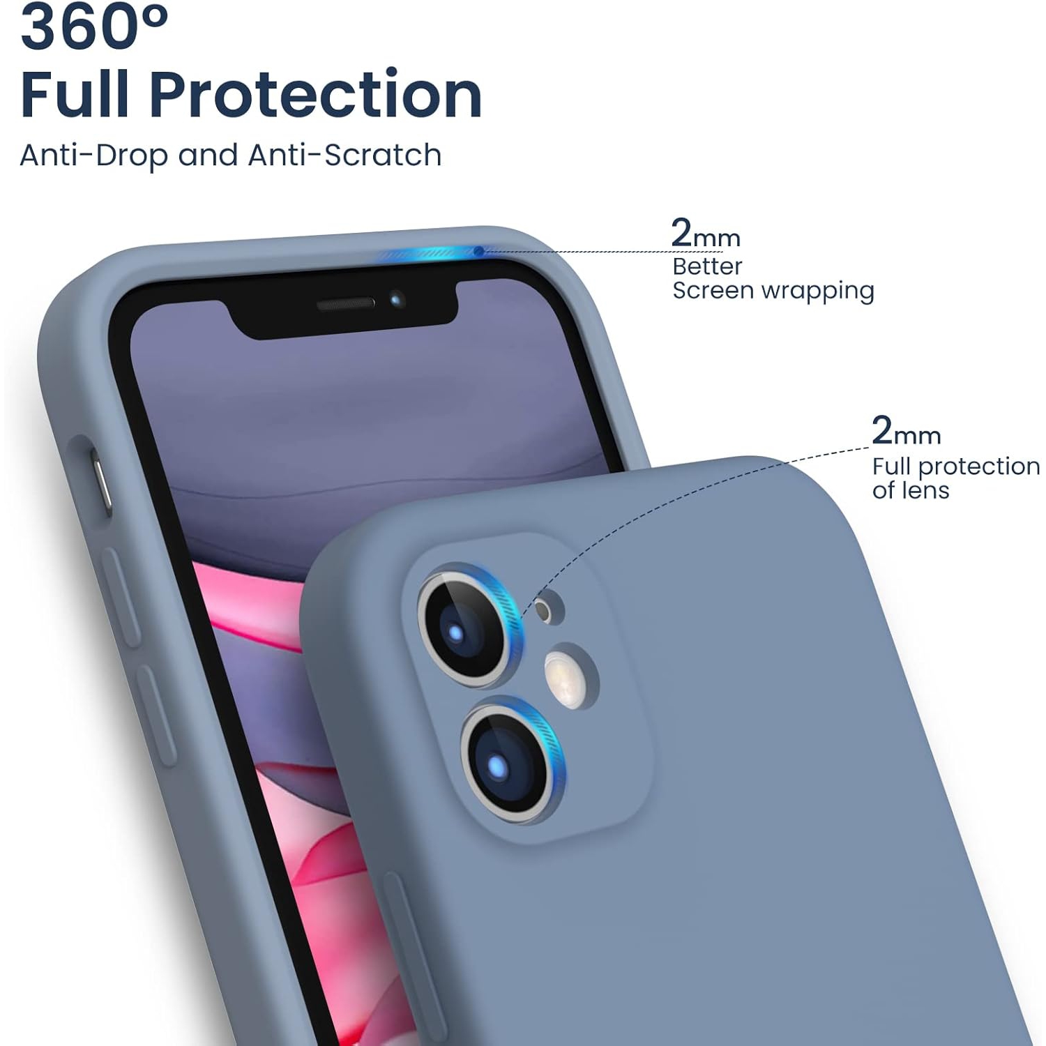 ORNARTO compatible avec l'étui 6,1&nbsp;po pour iPhone 11, avec 2 protecteurs d'écran en gel liquide de silicone [Square Edge], étui protecteur