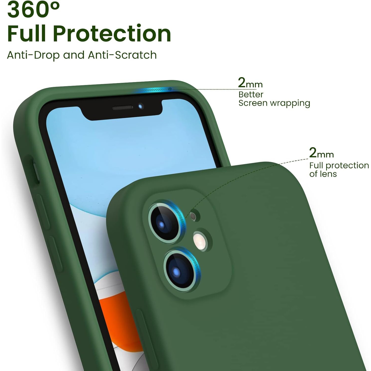 ORNARTO Compatible with iPhone 11 Case 6.1 inch, with 2 x Screen Protector Liquid Silicone Gel Ruber Cover [Square Edge] Shockproof Protective Phone