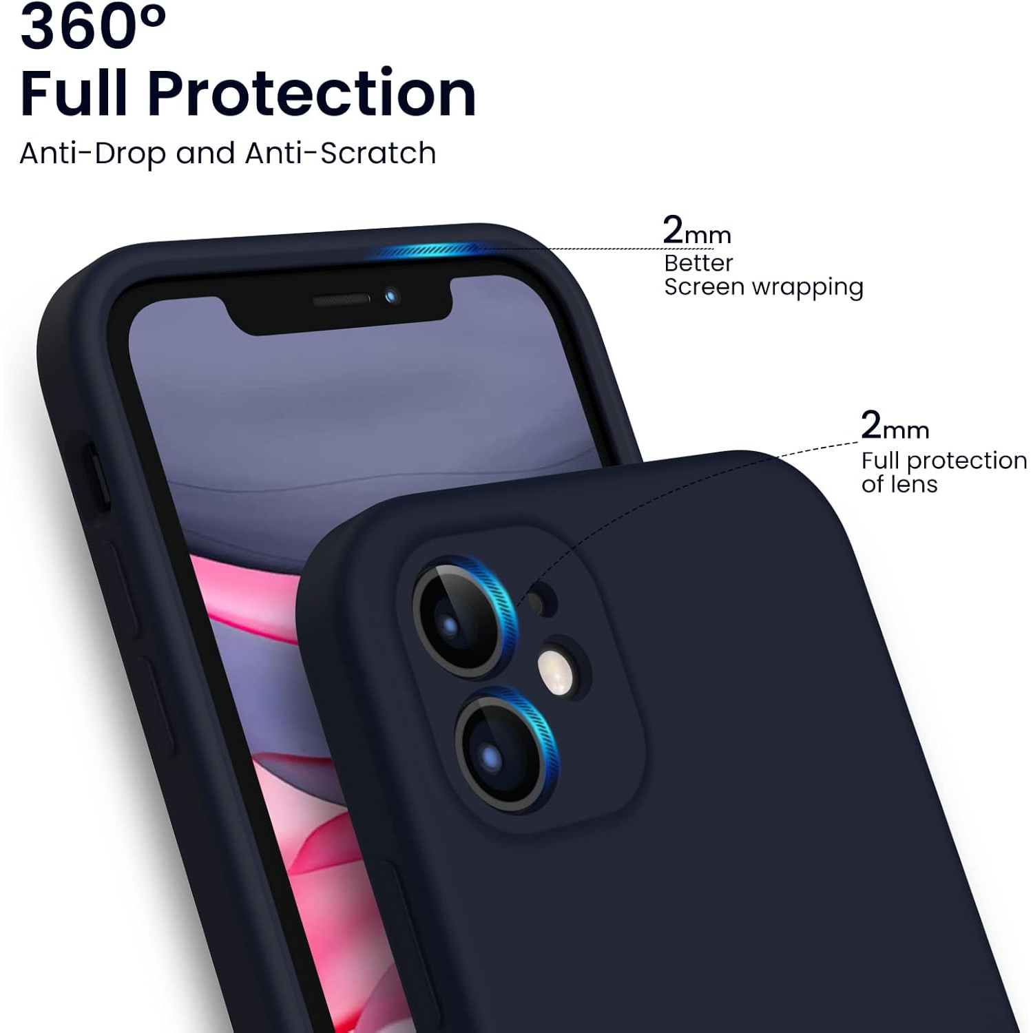 ORNARTO Compatible with iPhone 11 Case 6.1 inch, with 2 x Screen Protector Liquid Silicone Gel Ruber Cover [Square Edge] Shockproof Protective Phone