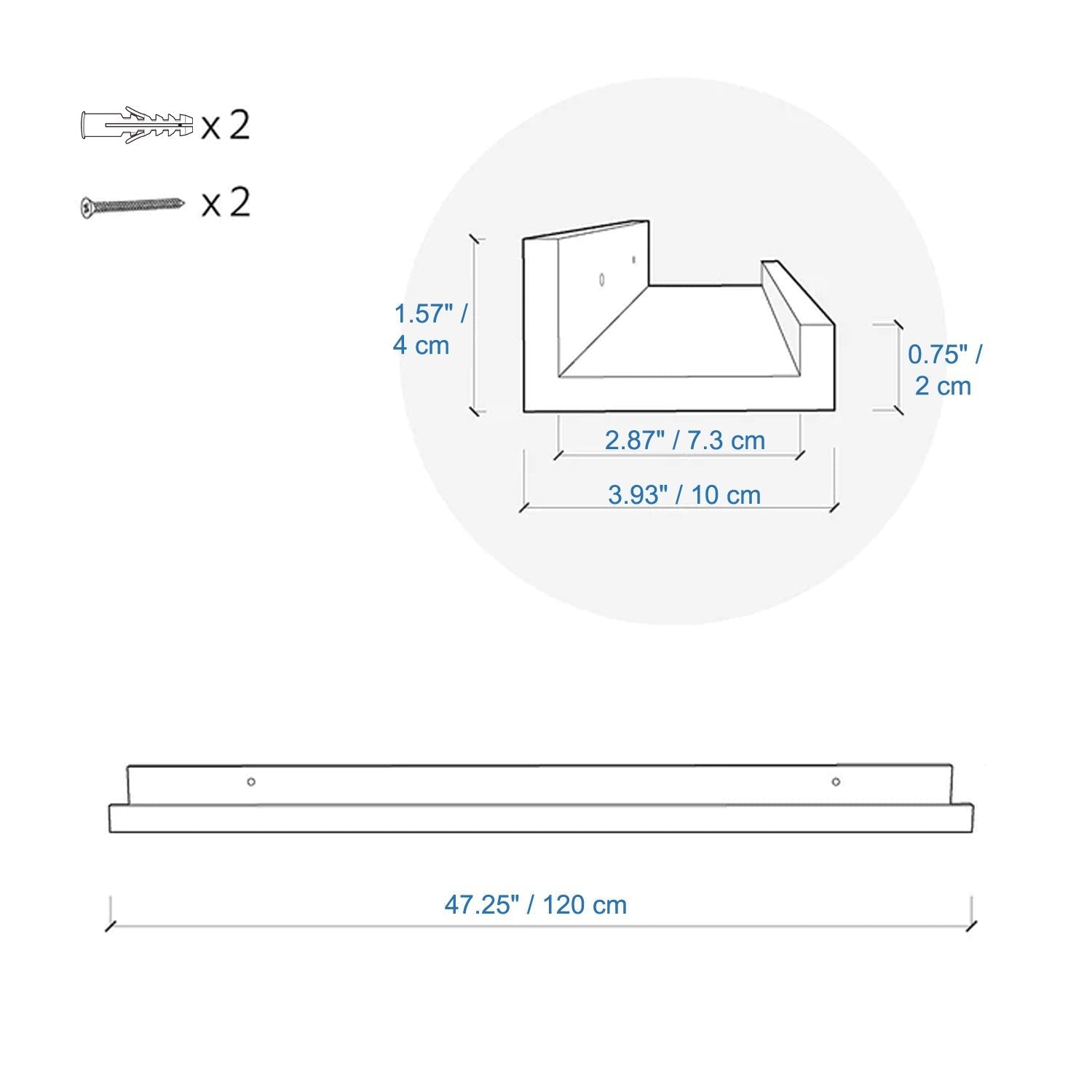 ITY International - Set of 3 Wall Shelves with Raised Lip, 47.25"x3.75"x2", White