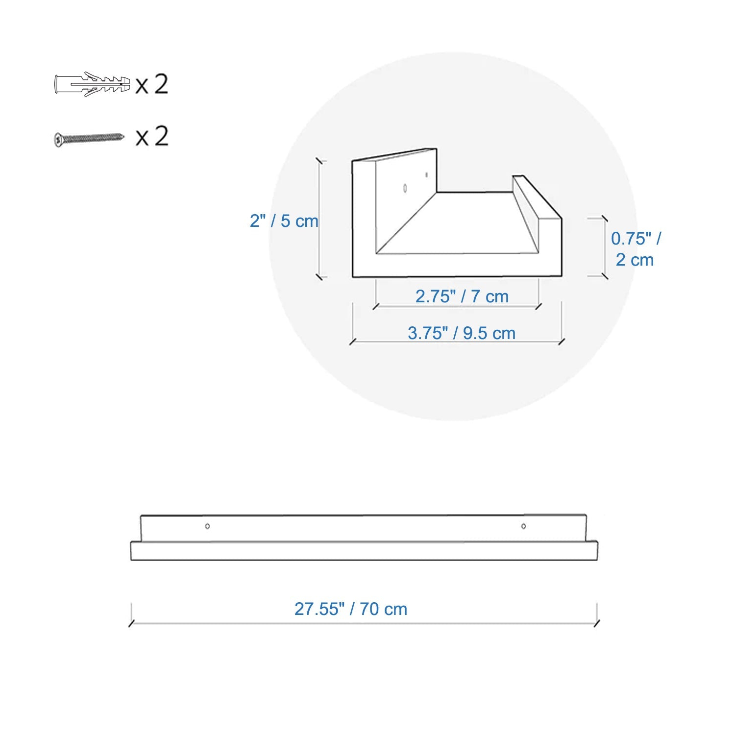 ITY International - Set of 3 Wall Shelves with Raised Lip, 27.55"x3.75"x2", Black