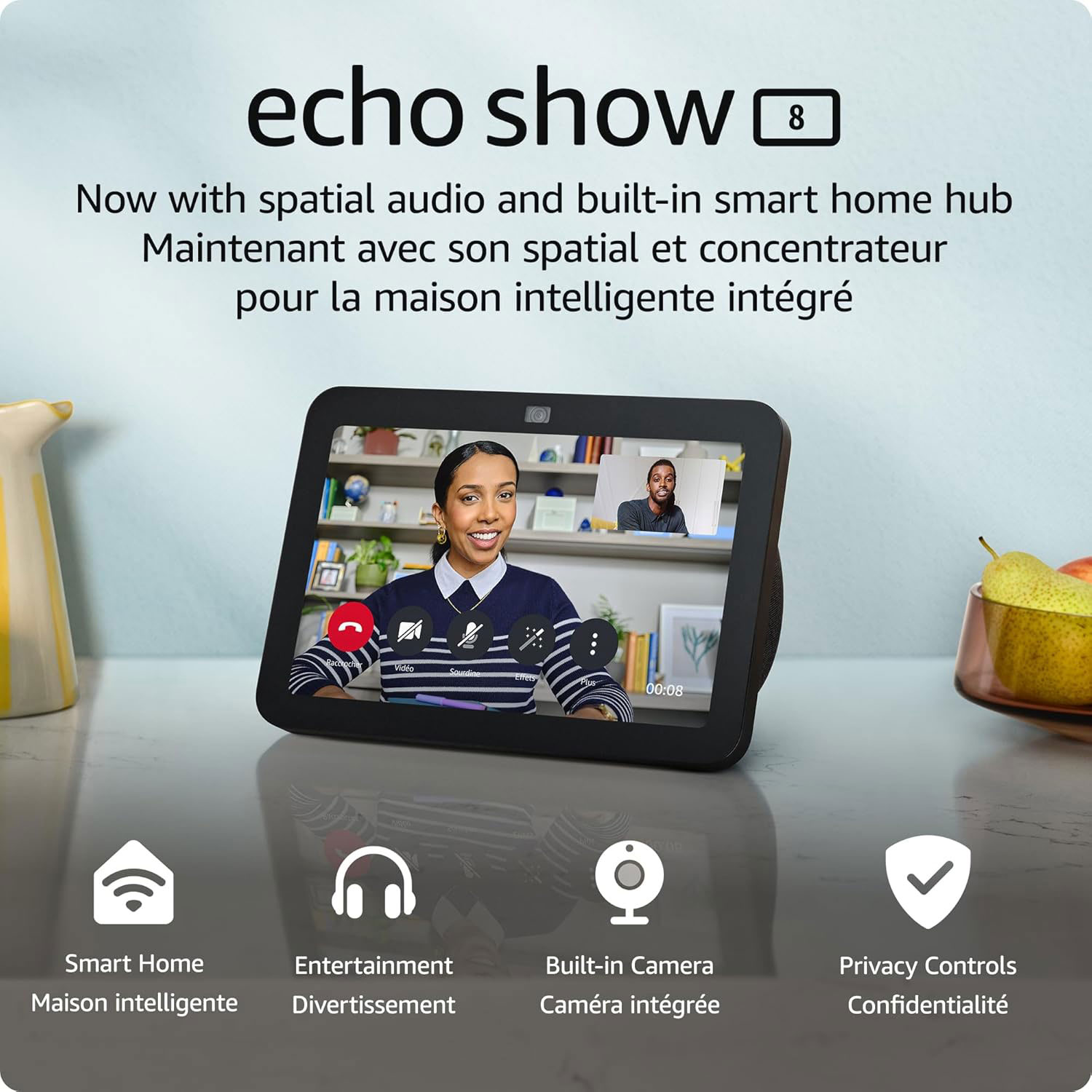 Écran intelligent Echo Show 8 d'Amazon avec son spatial et Alexa - Anthracite