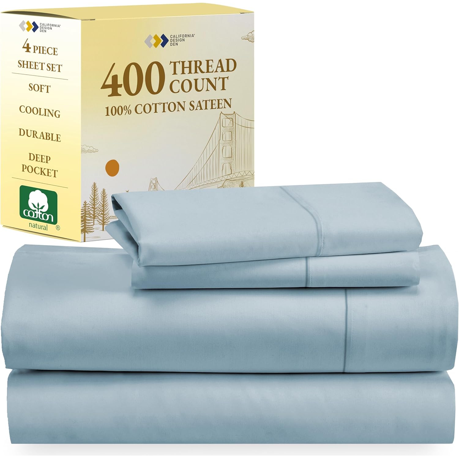 California Design Den 400 Thread Count 100% Cotton Sheets, King Size Sheet Set, 4 Pc, Luxury Sheets & Pillowcases, Breathable Bedding for King Bed,
