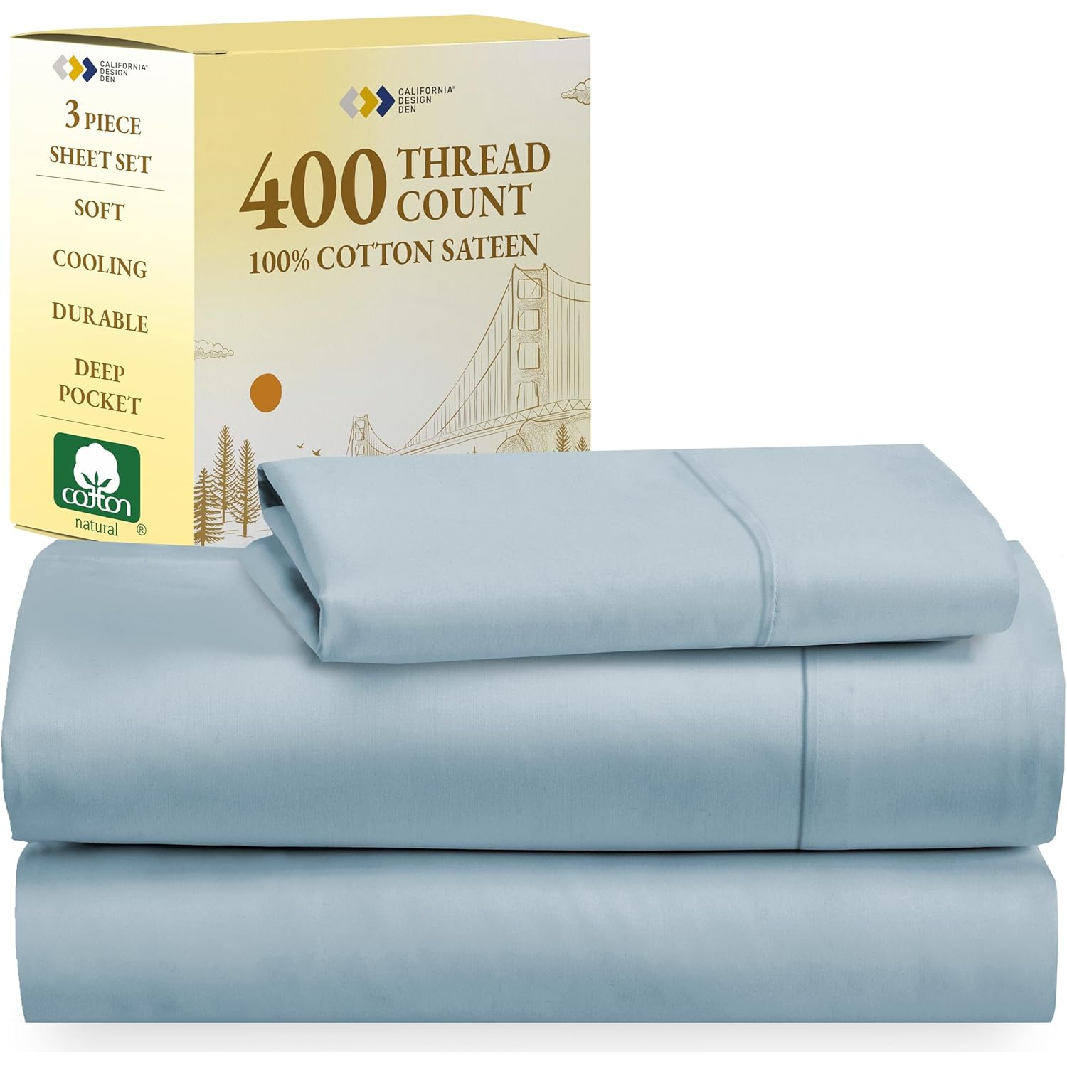 California Design Den Softest 100% Cotton Sheets, Twin Sheets Set, 3 Pc, 400 Thread Count Sateen, Bedding, Dorm Rooms & Adults, Deep Pocket Sheets,