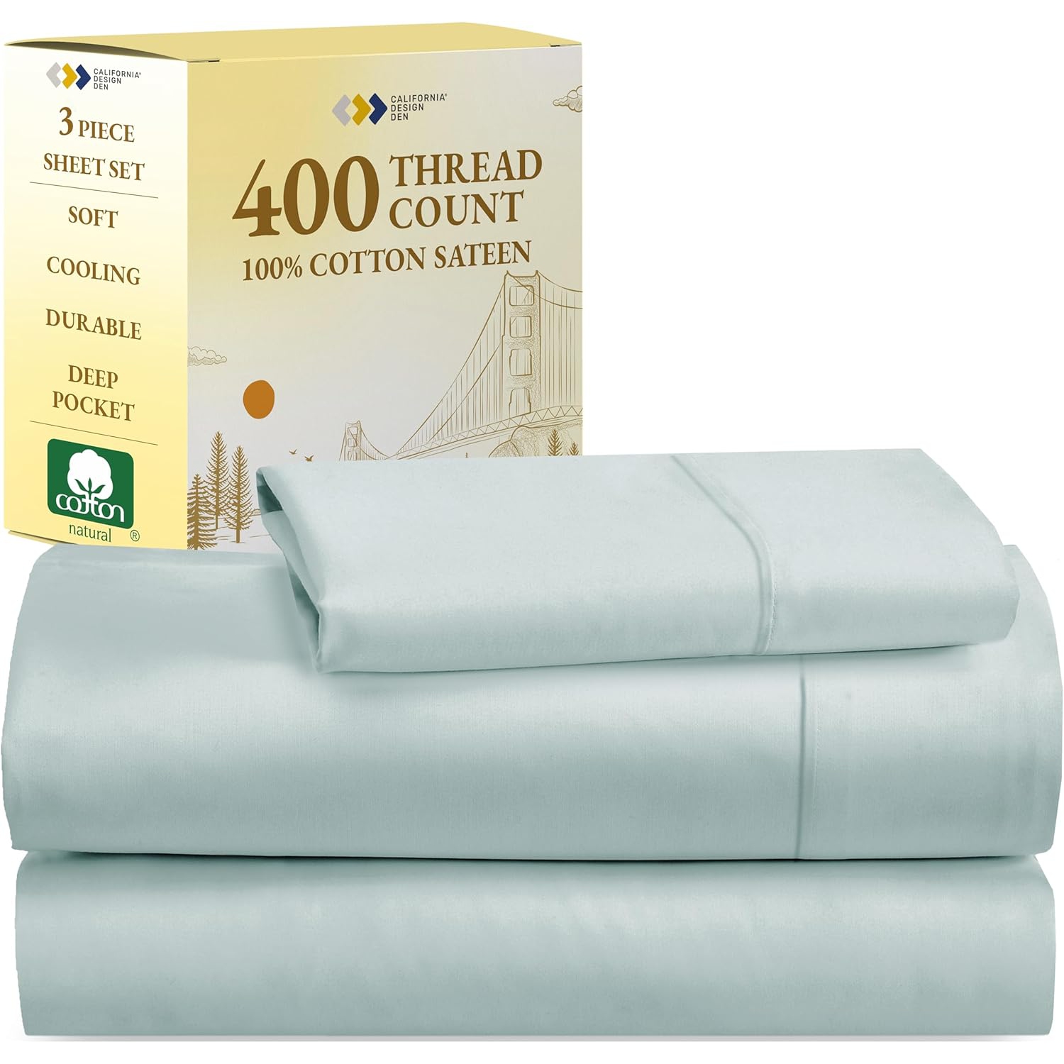 California Design Den Softest 100% Cotton Sheets, Twin Sheets Set, 3 Pc, 400 Thread Count Sateen, Dorm Rooms & Adults, Deep Pocket Sheets, Cooling