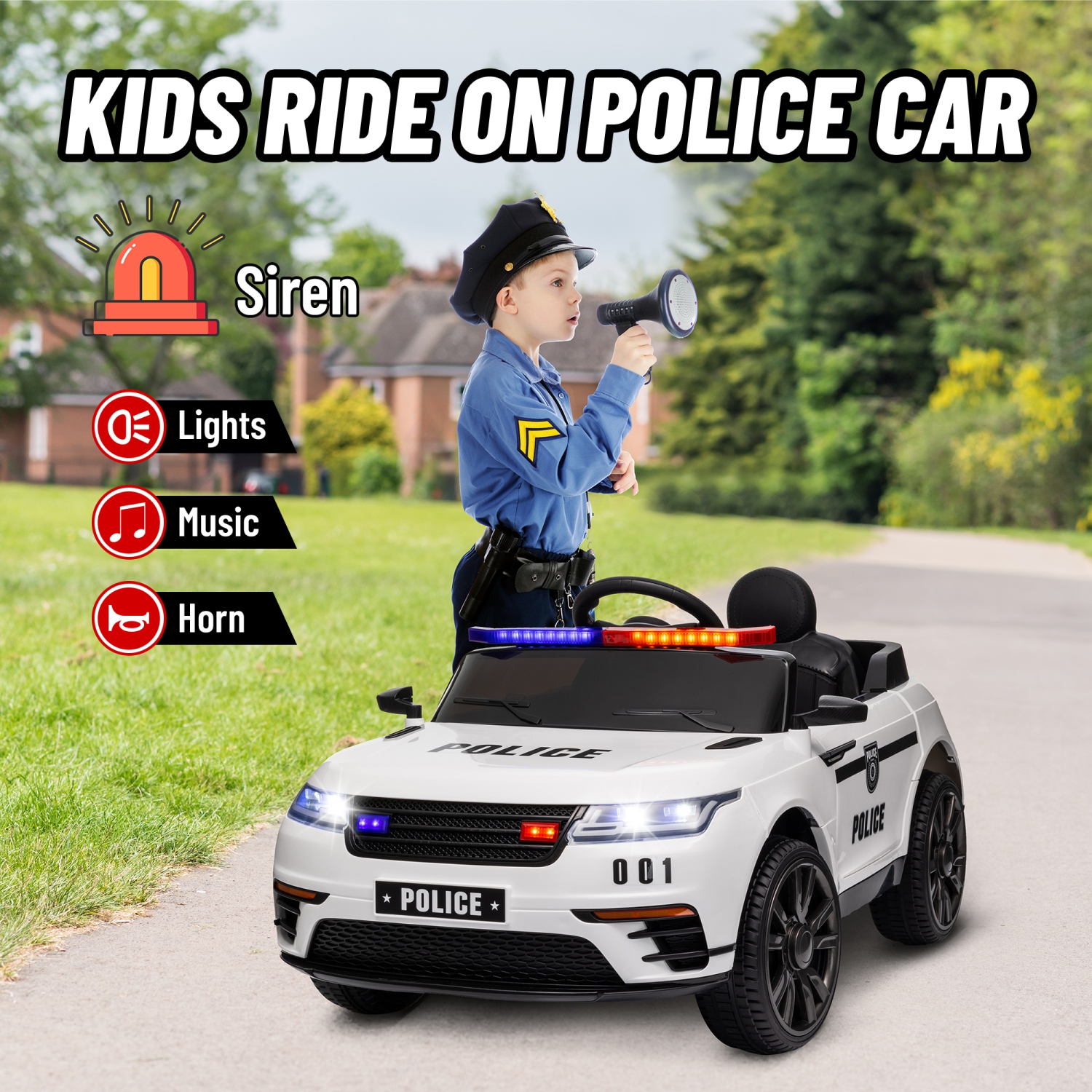 Qaba 12V 7Ah Battery Electric Car for Kids, Police Ride on Car with Siren, Remote Control, 4 Spring Suspension Wheels, Transport Wheel, Music, Light,
