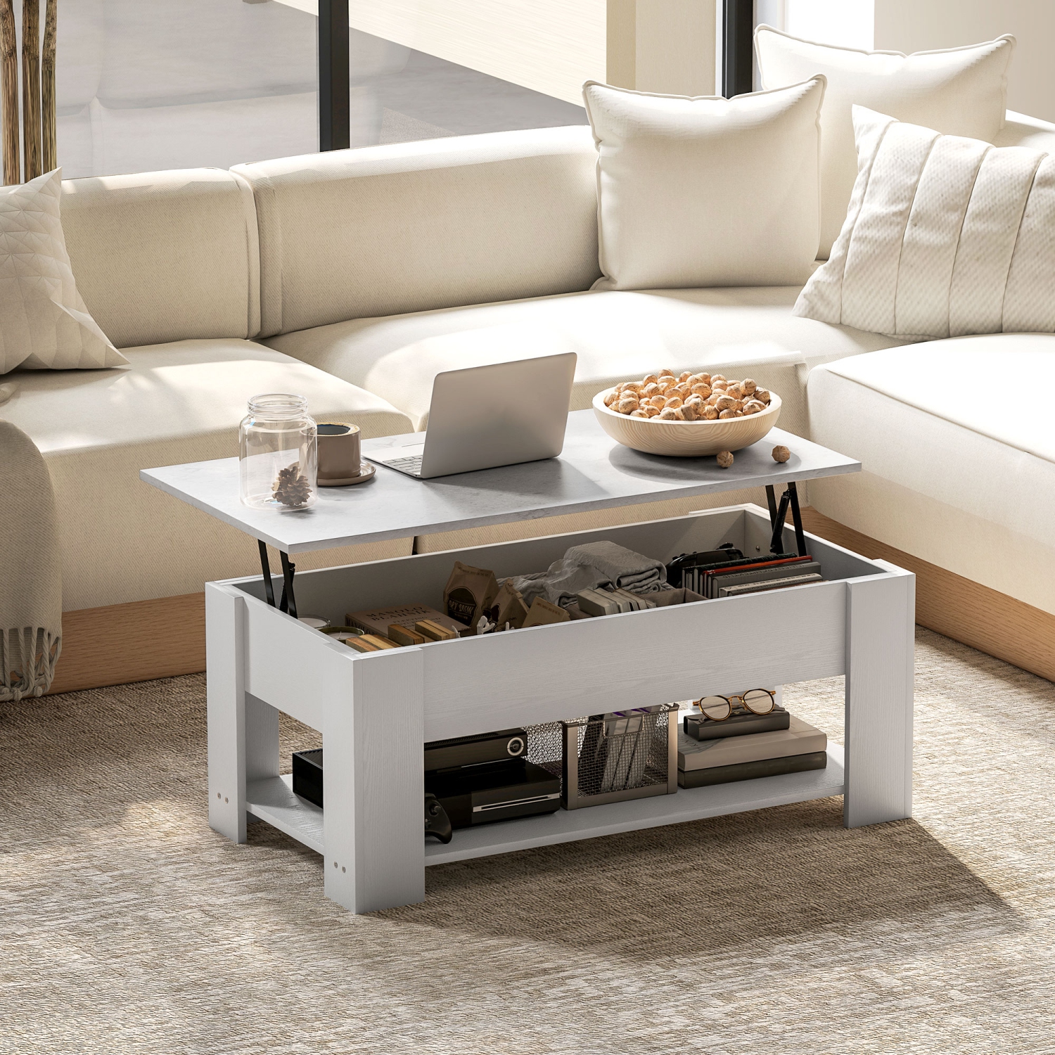HOMCOM Lift Top Coffee Table with Hidden Storage Compartment and Open Shelf, Center Table for Living Room, White