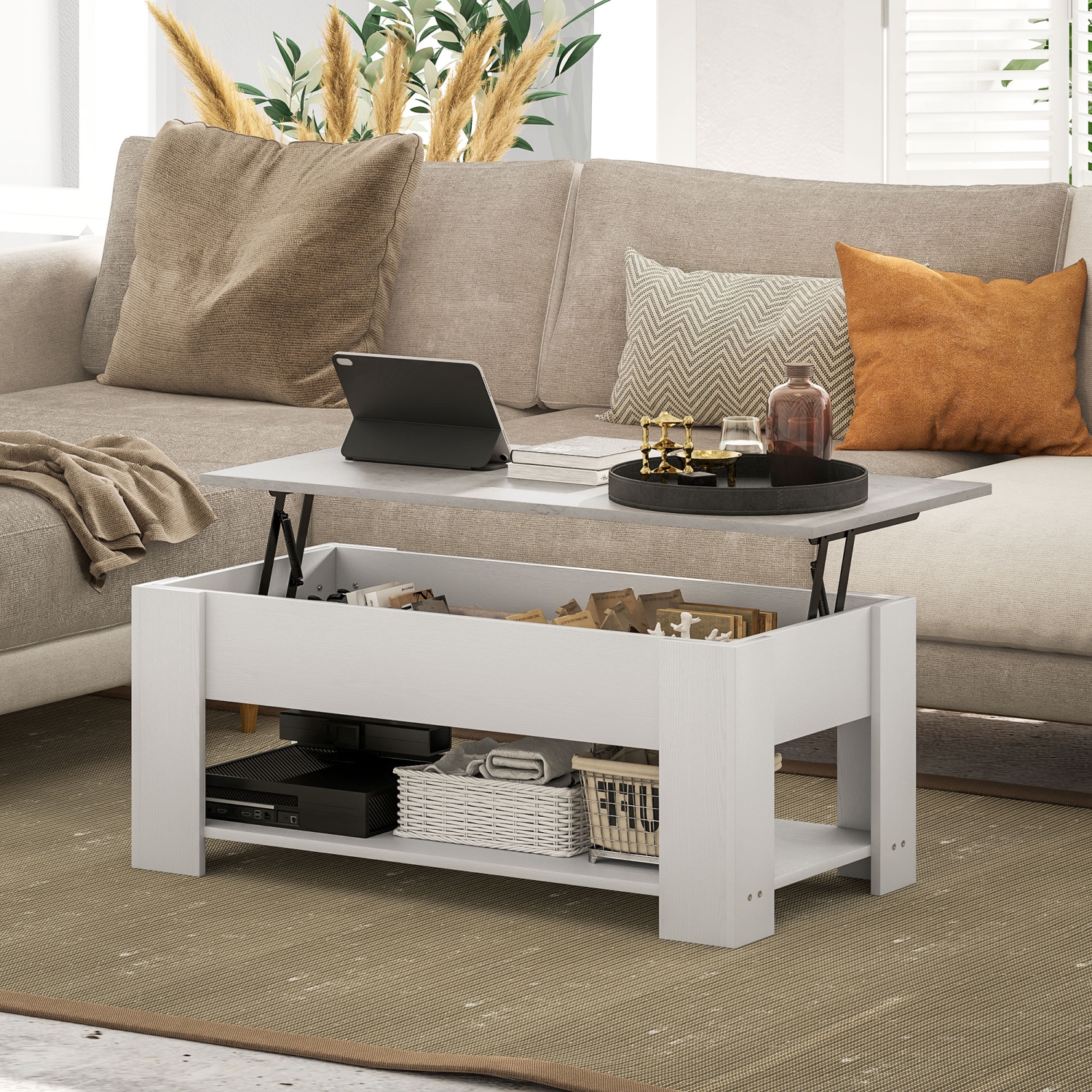 HOMCOM Lift Top Coffee Table with Hidden Storage Compartment and Open Shelf, Center Table for Living Room, White