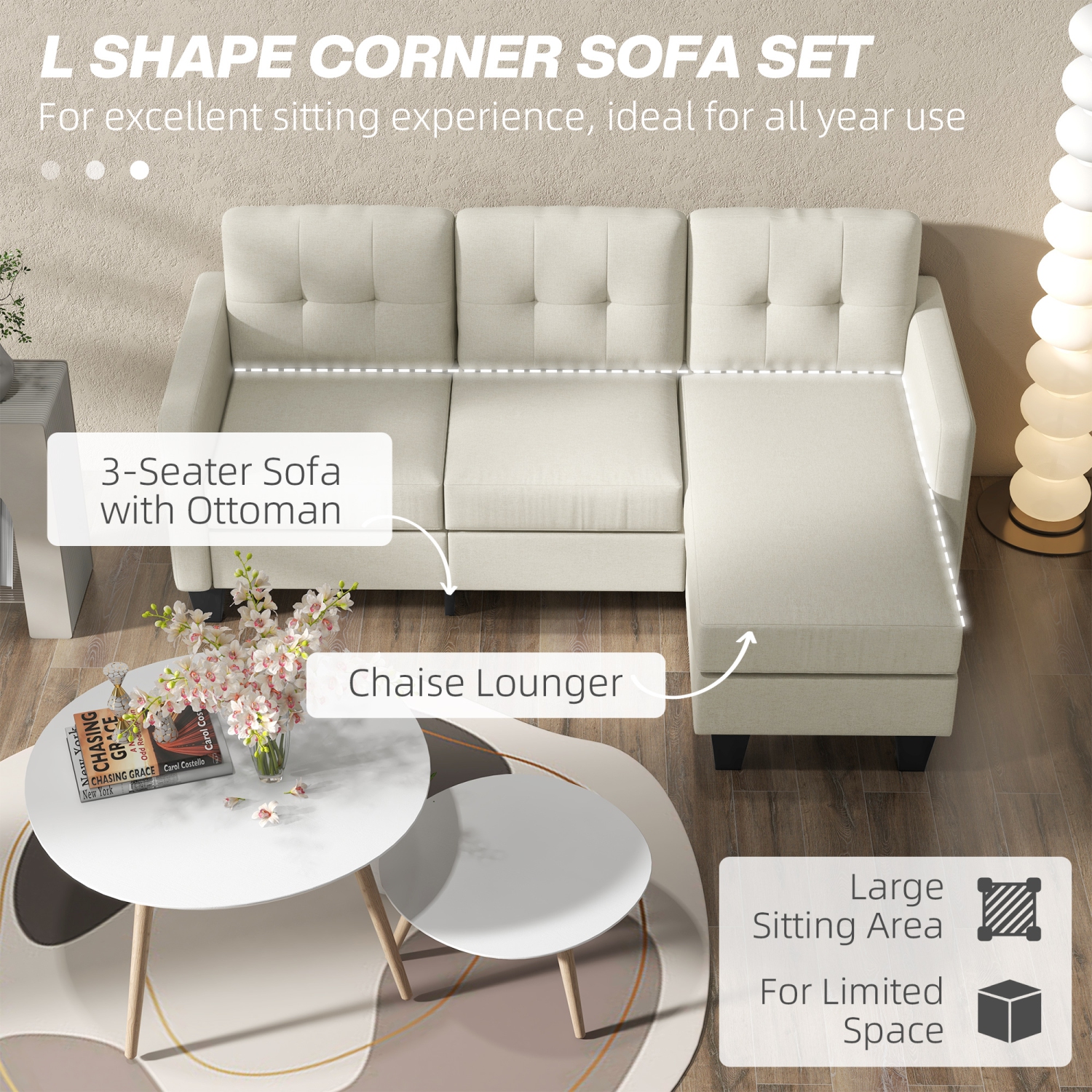 HOMCOM – Canapé modulaire, fauteuil amovible, canapé en coin 3 places avec pouf, divan en L, coussin rembourré épais pour salon/bureau, beige