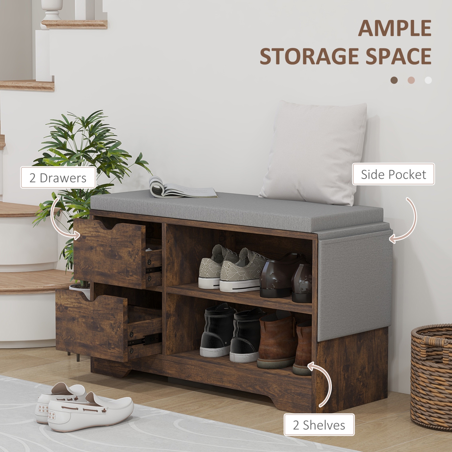 HOMCOM Shoe Bench with Storage, Modern Upholstered Entryway Bench with Open Shelves, Drawers, Pocket and Padded Cushion for Living Room, Hallway,