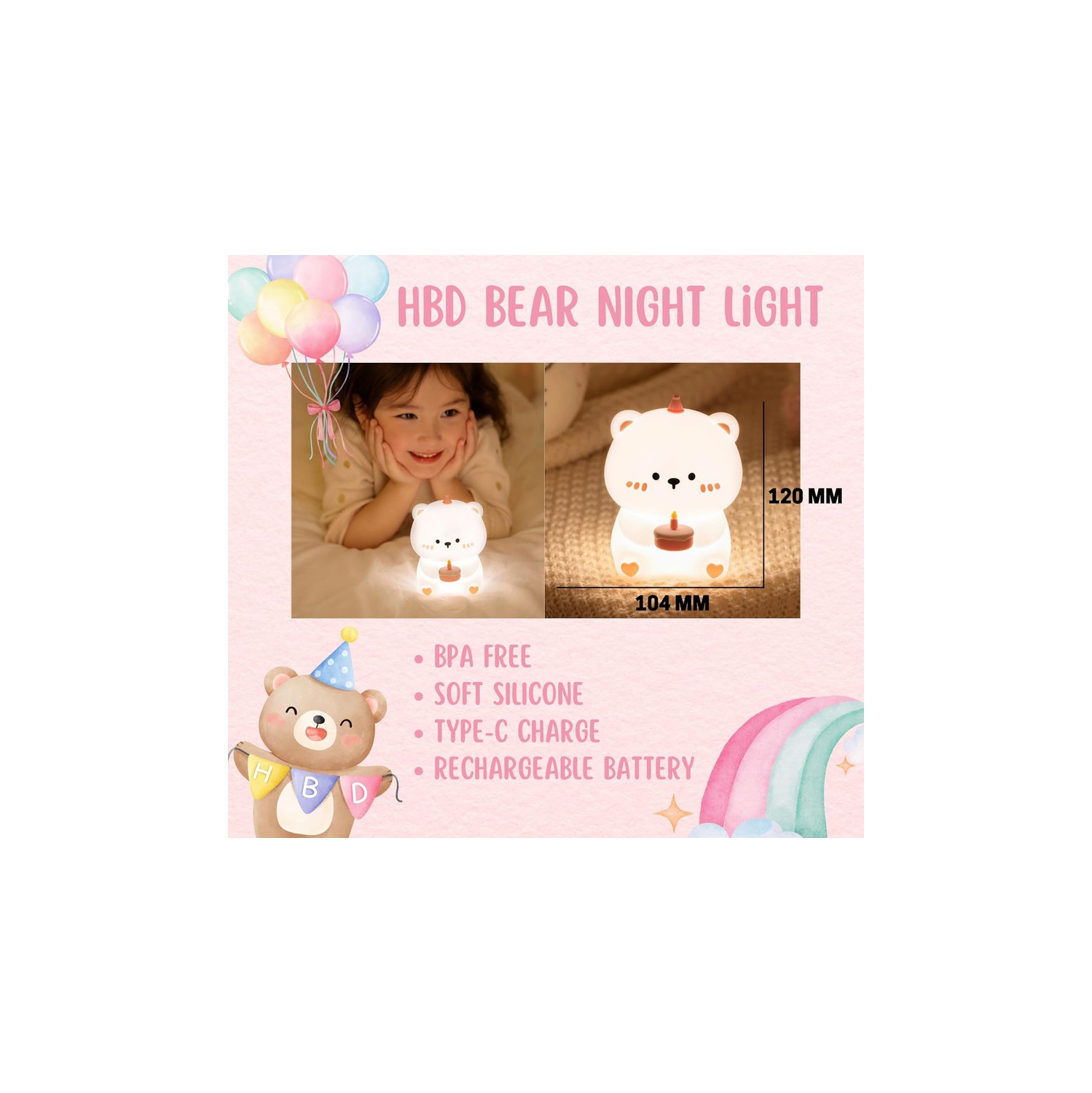 Veilleuse Ours YOULIGHTS, lampe ours, veilleuse gâteau pour chambre de bébé, veilleuse douce en silicone, intensité réglable et rechargeable pour